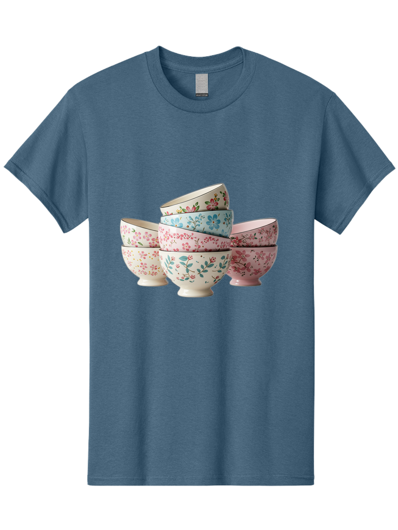 Floral-Bowls Men'S Graphic Tee, 100% Cotton, Comfortable Casual Summer Wear, Machine Washable, Floral Pattern, Delicate Flowers, Pastel Colors, Ceramic Bowls, Tableware, Home Decor, Vintage Style, Kitchen Essentials, Dinnerware, Elegant Design Baa687