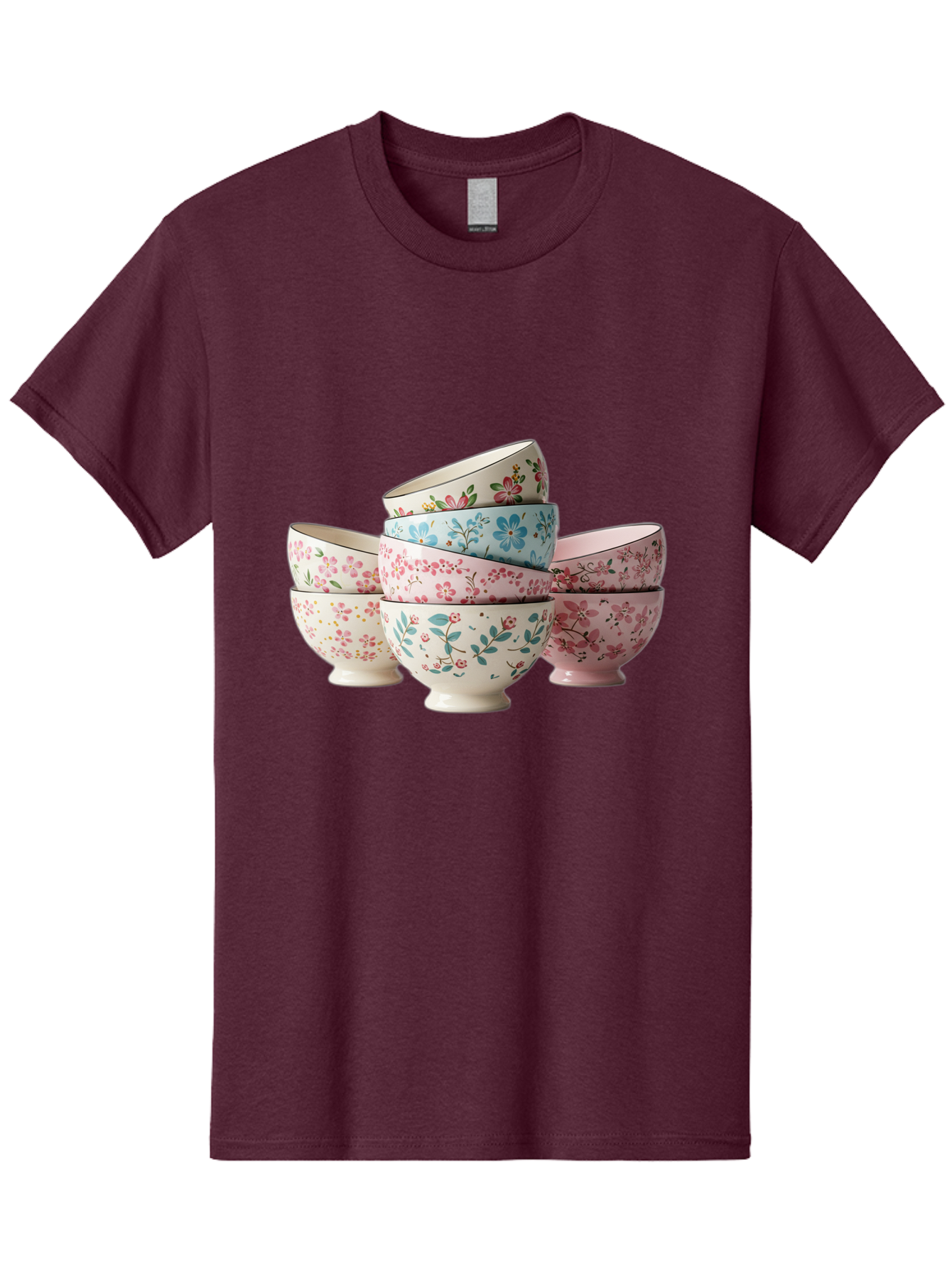 Floral-Bowls Men'S Graphic Tee, 100% Cotton, Comfortable Casual Summer Wear, Machine Washable, Floral Pattern, Delicate Flowers, Pastel Colors, Ceramic Bowls, Tableware, Home Decor, Vintage Style, Kitchen Essentials, Dinnerware, Elegant Design Baa687