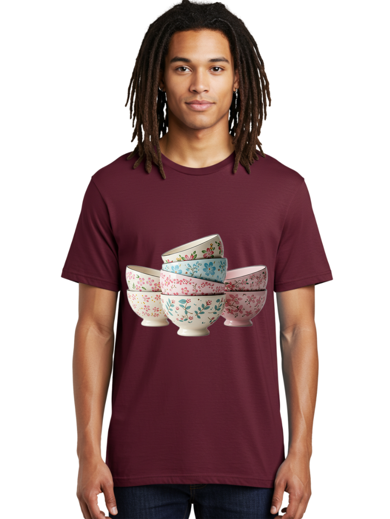 Floral-Bowls Men'S Graphic Tee, 100% Cotton, Comfortable Casual Summer Wear, Machine Washable, Floral Pattern, Delicate Flowers, Pastel Colors, Ceramic Bowls, Tableware, Home Decor, Vintage Style, Kitchen Essentials, Dinnerware, Elegant Design Baa687
