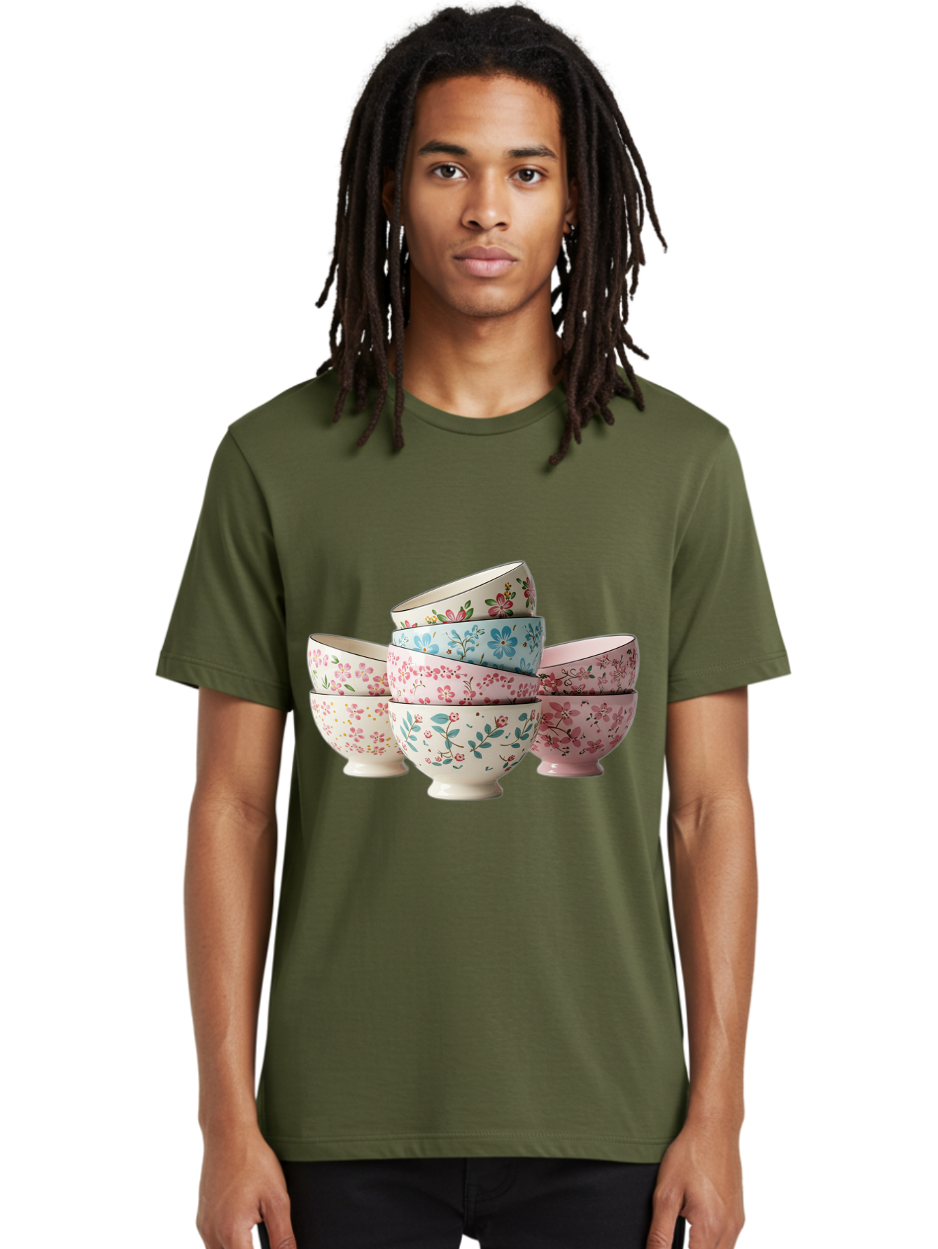 Floral-Bowls Men'S Graphic Tee, 100% Cotton, Comfortable Casual Summer Wear, Machine Washable, Floral Pattern, Delicate Flowers, Pastel Colors, Ceramic Bowls, Tableware, Home Decor, Vintage Style, Kitchen Essentials, Dinnerware, Elegant Design Baa687