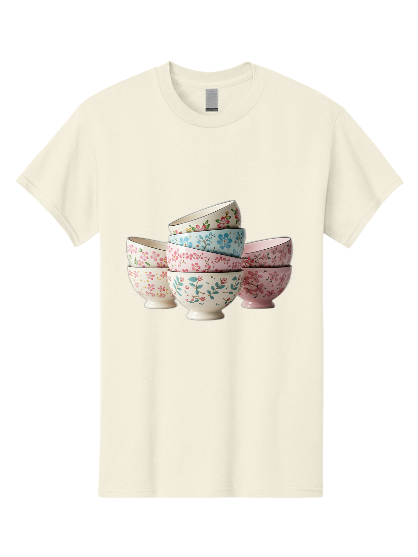 Floral-Bowls Men'S Graphic Tee, 100% Cotton, Comfortable Casual Summer Wear, Machine Washable, Floral Pattern, Delicate Flowers, Pastel Colors, Ceramic Bowls, Tableware, Home Decor, Vintage Style, Kitchen Essentials, Dinnerware, Elegant Design Baa687