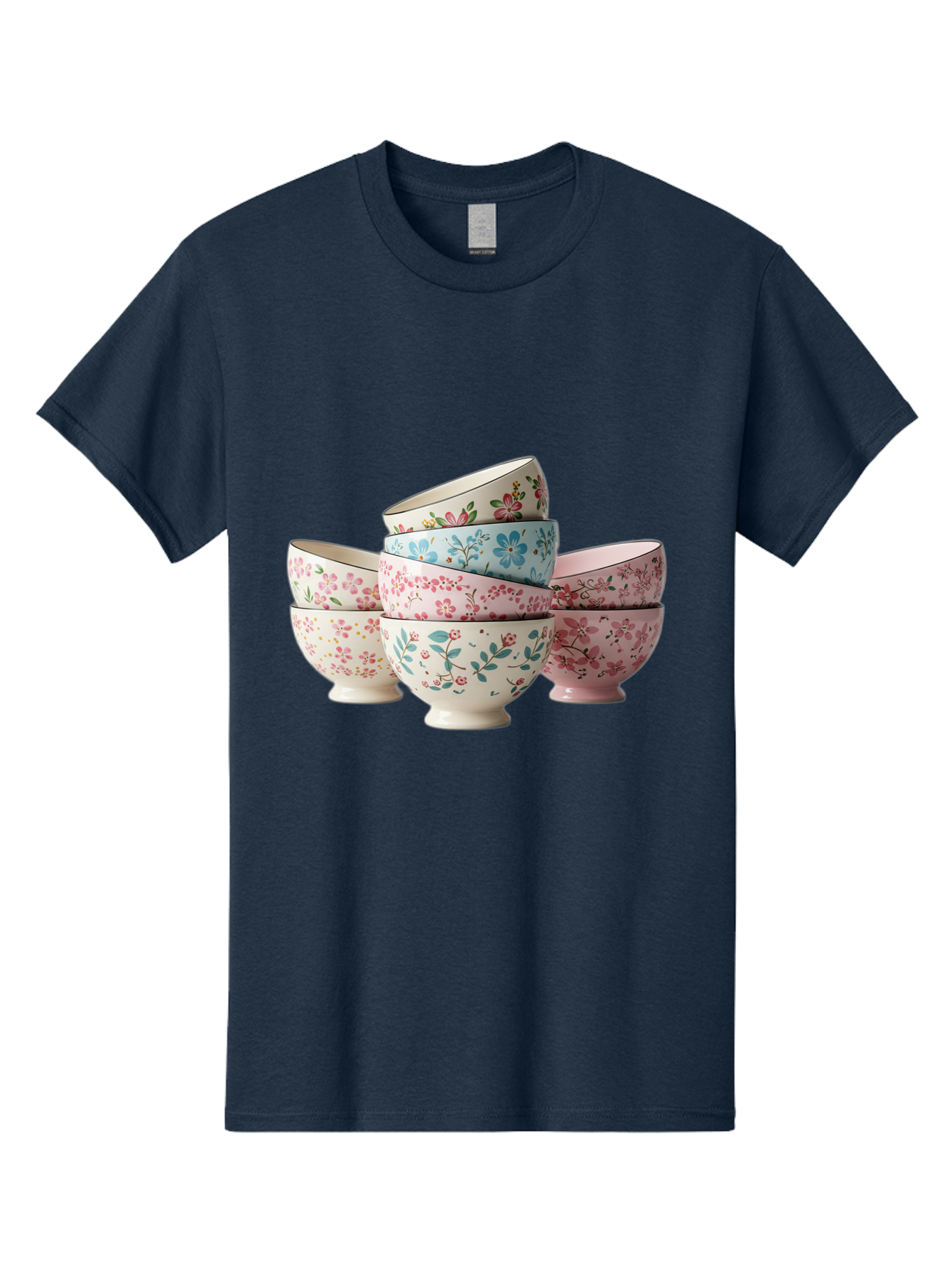 Floral-Bowls Men'S Graphic Tee, 100% Cotton, Comfortable Casual Summer Wear, Machine Washable, Floral Pattern, Delicate Flowers, Pastel Colors, Ceramic Bowls, Tableware, Home Decor, Vintage Style, Kitchen Essentials, Dinnerware, Elegant Design Baa687