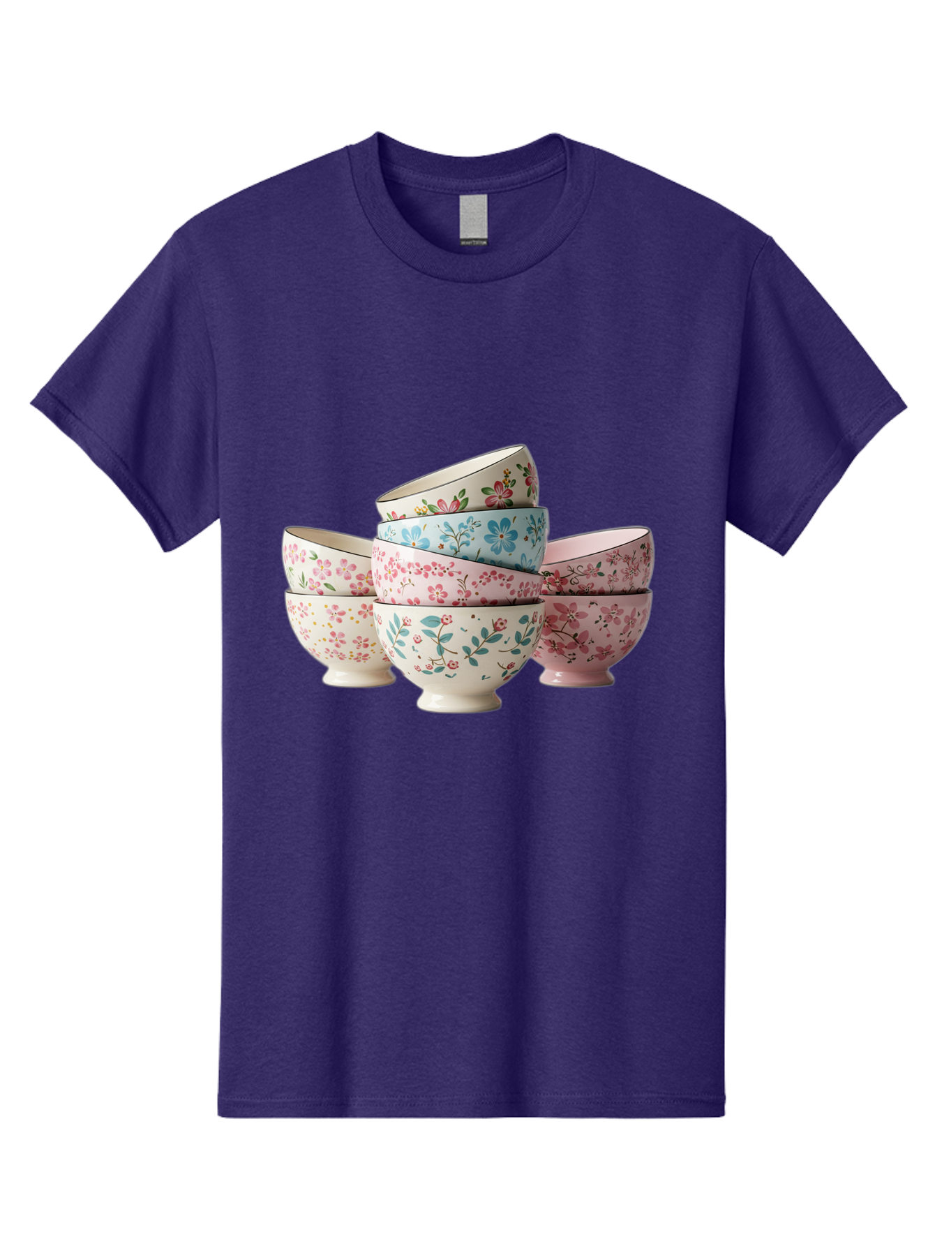 Floral-Bowls Men'S Graphic Tee, 100% Cotton, Comfortable Casual Summer Wear, Machine Washable, Floral Pattern, Delicate Flowers, Pastel Colors, Ceramic Bowls, Tableware, Home Decor, Vintage Style, Kitchen Essentials, Dinnerware, Elegant Design Baa687