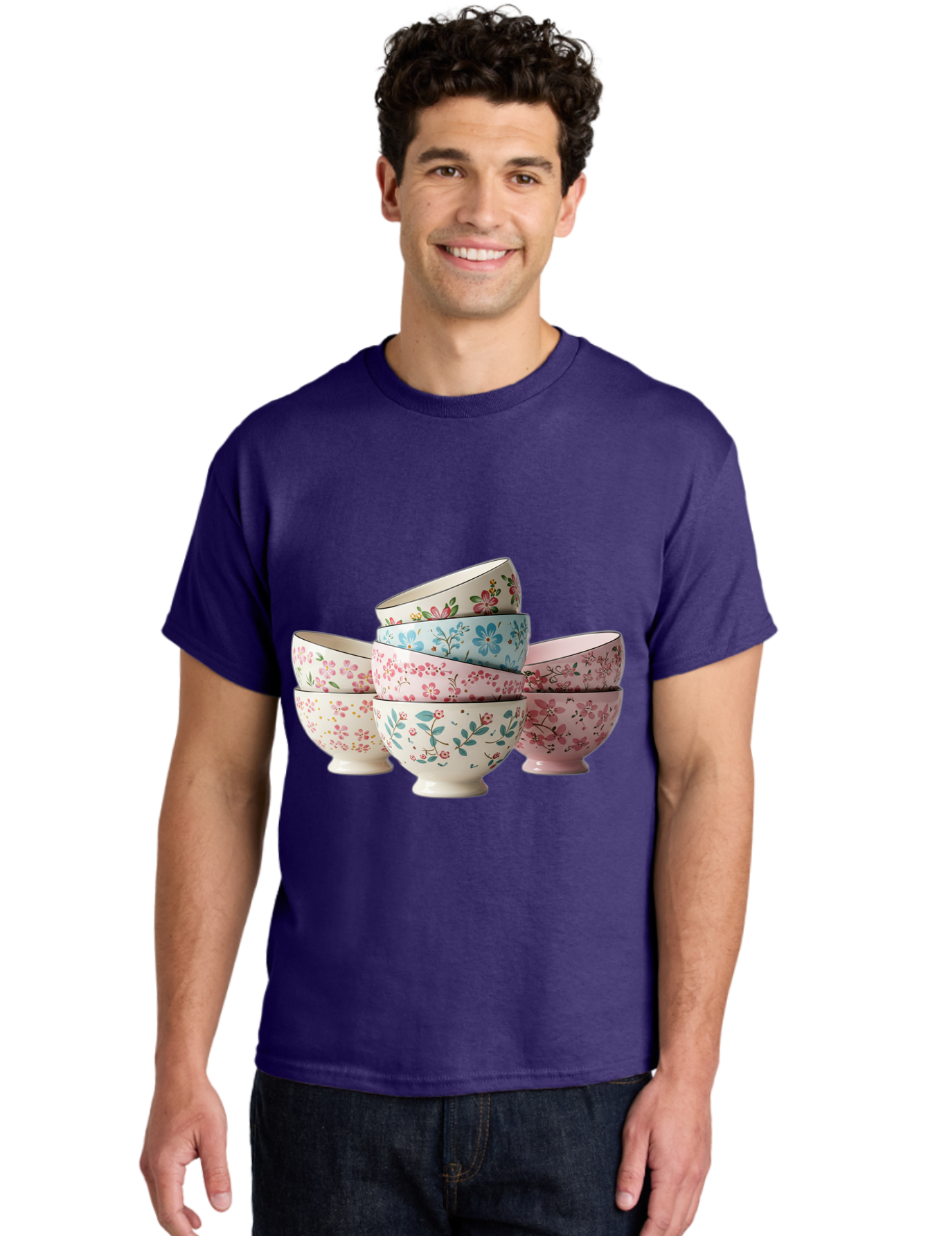 Floral-Bowls Men'S Graphic Tee, 100% Cotton, Comfortable Casual Summer Wear, Machine Washable, Floral Pattern, Delicate Flowers, Pastel Colors, Ceramic Bowls, Tableware, Home Decor, Vintage Style, Kitchen Essentials, Dinnerware, Elegant Design Baa687