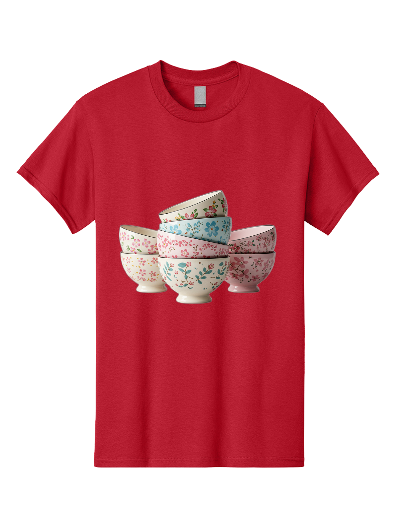 Floral-Bowls Men'S Graphic Tee, 100% Cotton, Comfortable Casual Summer Wear, Machine Washable, Floral Pattern, Delicate Flowers, Pastel Colors, Ceramic Bowls, Tableware, Home Decor, Vintage Style, Kitchen Essentials, Dinnerware, Elegant Design Baa687