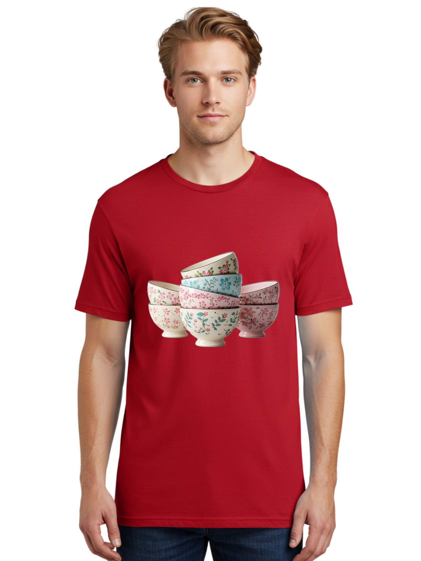 Floral-Bowls Men'S Graphic Tee, 100% Cotton, Comfortable Casual Summer Wear, Machine Washable, Floral Pattern, Delicate Flowers, Pastel Colors, Ceramic Bowls, Tableware, Home Decor, Vintage Style, Kitchen Essentials, Dinnerware, Elegant Design Baa687