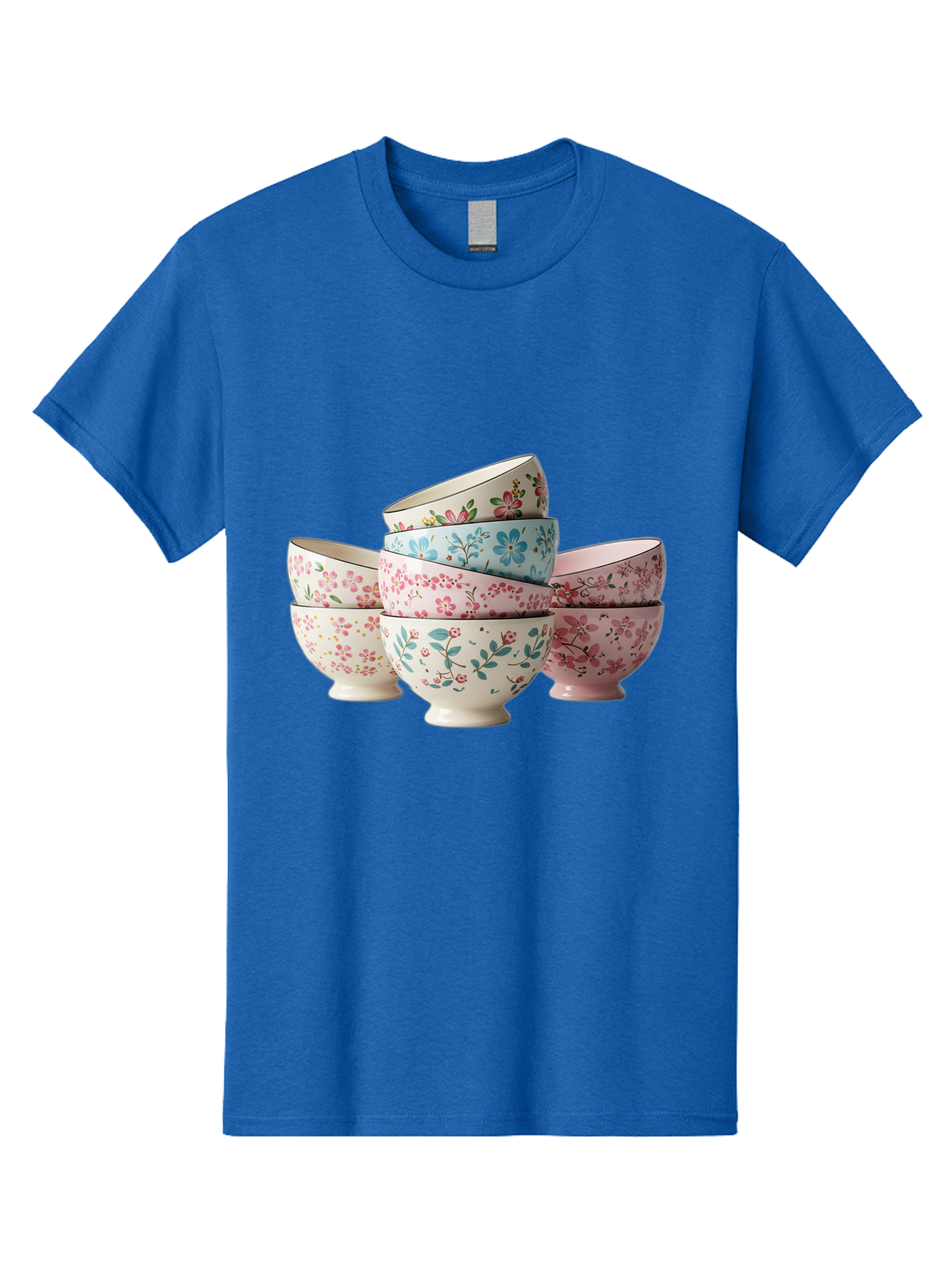 Floral-Bowls Men'S Graphic Tee, 100% Cotton, Comfortable Casual Summer Wear, Machine Washable, Floral Pattern, Delicate Flowers, Pastel Colors, Ceramic Bowls, Tableware, Home Decor, Vintage Style, Kitchen Essentials, Dinnerware, Elegant Design Baa687