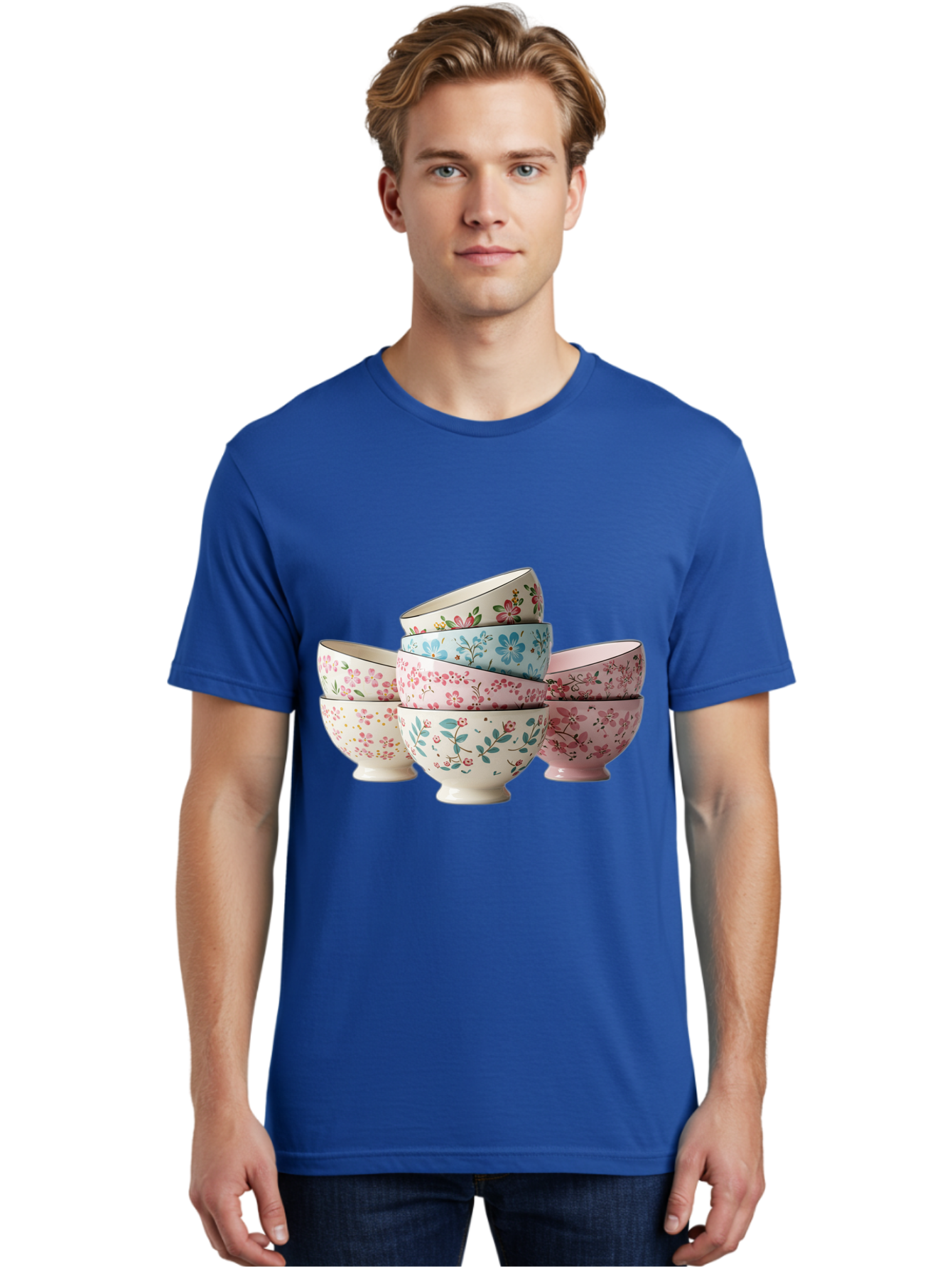 Floral-Bowls Men'S Graphic Tee, 100% Cotton, Comfortable Casual Summer Wear, Machine Washable, Floral Pattern, Delicate Flowers, Pastel Colors, Ceramic Bowls, Tableware, Home Decor, Vintage Style, Kitchen Essentials, Dinnerware, Elegant Design Baa687