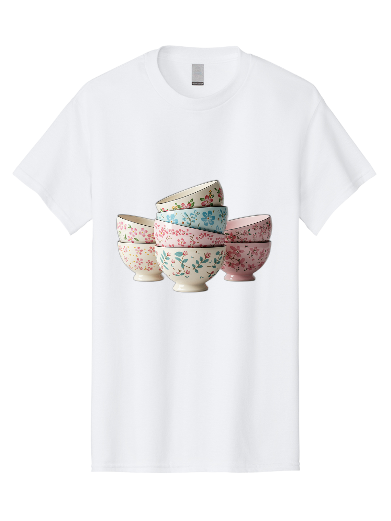 Floral-Bowls Men'S Graphic Tee, 100% Cotton, Comfortable Casual Summer Wear, Machine Washable, Floral Pattern, Delicate Flowers, Pastel Colors, Ceramic Bowls, Tableware, Home Decor, Vintage Style, Kitchen Essentials, Dinnerware, Elegant Design Baa687