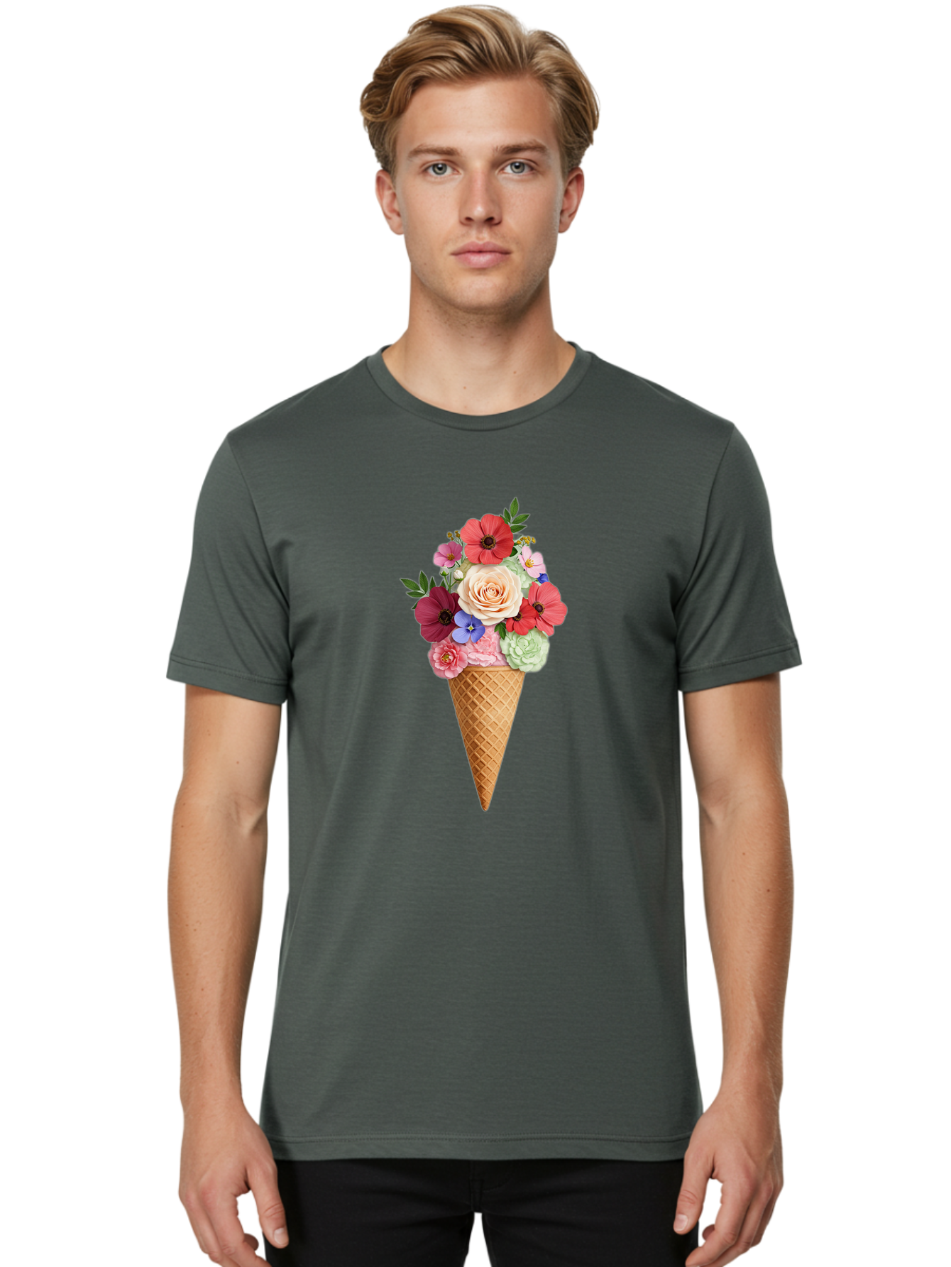 Flower-Ice-Cream-Cone Men'S Graphic Tee, 100% Cotton, Comfortable Casual Summer Wear, Machine Washable, Ice Cream Cone, Flowers, Floral Arrangement, Roses, Poppies, Pastel Colors, Summer Vibes, Sweet Treats, Creative Design, Floral Bouquet Baa688