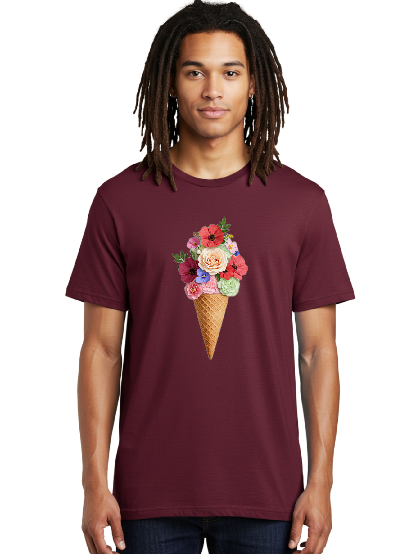 Flower-Ice-Cream-Cone Men'S Graphic Tee, 100% Cotton, Comfortable Casual Summer Wear, Machine Washable, Ice Cream Cone, Flowers, Floral Arrangement, Roses, Poppies, Pastel Colors, Summer Vibes, Sweet Treats, Creative Design, Floral Bouquet Baa688