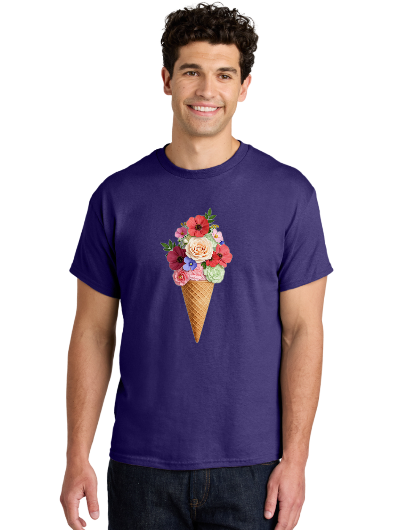 Flower-Ice-Cream-Cone Men'S Graphic Tee, 100% Cotton, Comfortable Casual Summer Wear, Machine Washable, Ice Cream Cone, Flowers, Floral Arrangement, Roses, Poppies, Pastel Colors, Summer Vibes, Sweet Treats, Creative Design, Floral Bouquet Baa688