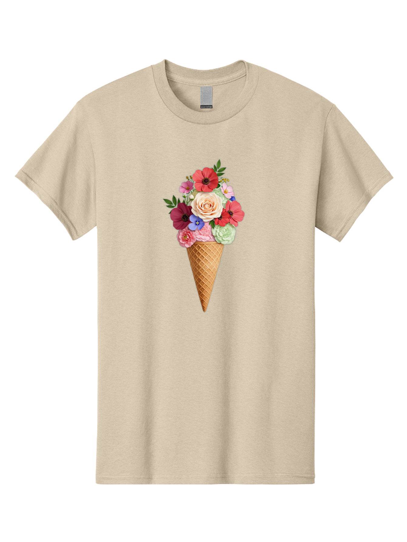 Flower-Ice-Cream-Cone Men'S Graphic Tee, 100% Cotton, Comfortable Casual Summer Wear, Machine Washable, Ice Cream Cone, Flowers, Floral Arrangement, Roses, Poppies, Pastel Colors, Summer Vibes, Sweet Treats, Creative Design, Floral Bouquet Baa688