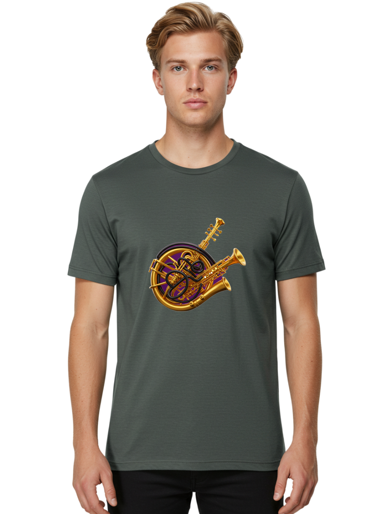 French-Horn-Trumpet-Saxophone Men'S Graphic Tee, 100% Cotton, Comfortable Casual Summer Wear, Machine Washable, Brass Instruments, French Horn, Trumpet, Saxophone, Musical Instruments, Jazz Music, Classical Music, Musical Composition Baa691