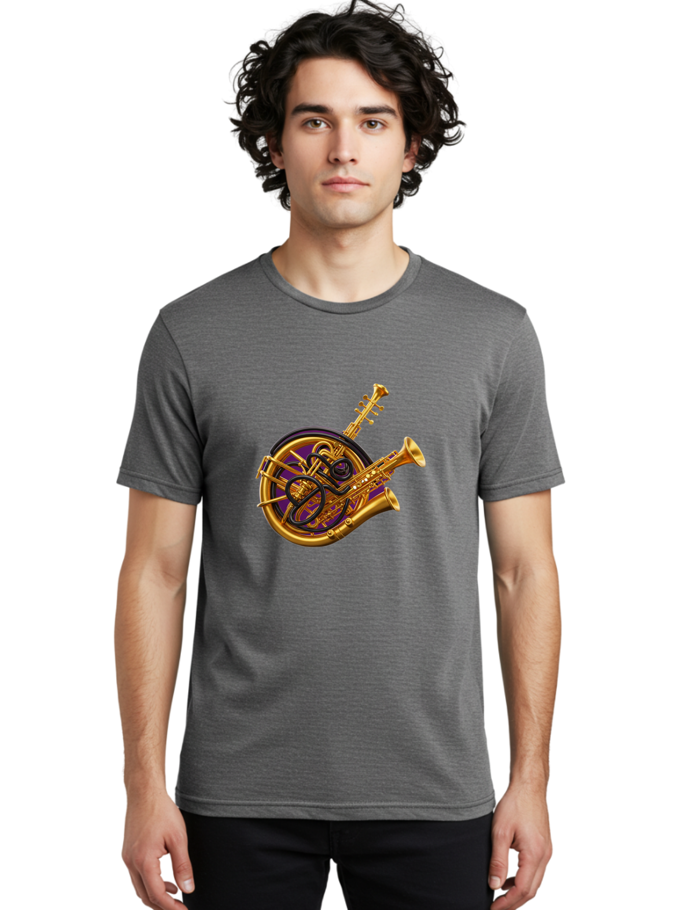 French-Horn-Trumpet-Saxophone Men'S Graphic Tee, 100% Cotton, Comfortable Casual Summer Wear, Machine Washable, Brass Instruments, French Horn, Trumpet, Saxophone, Musical Instruments, Jazz Music, Classical Music, Musical Composition Baa691