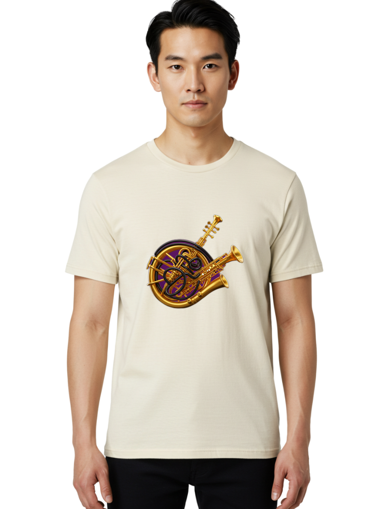 French-Horn-Trumpet-Saxophone Men'S Graphic Tee, 100% Cotton, Comfortable Casual Summer Wear, Machine Washable, Brass Instruments, French Horn, Trumpet, Saxophone, Musical Instruments, Jazz Music, Classical Music, Musical Composition Baa691