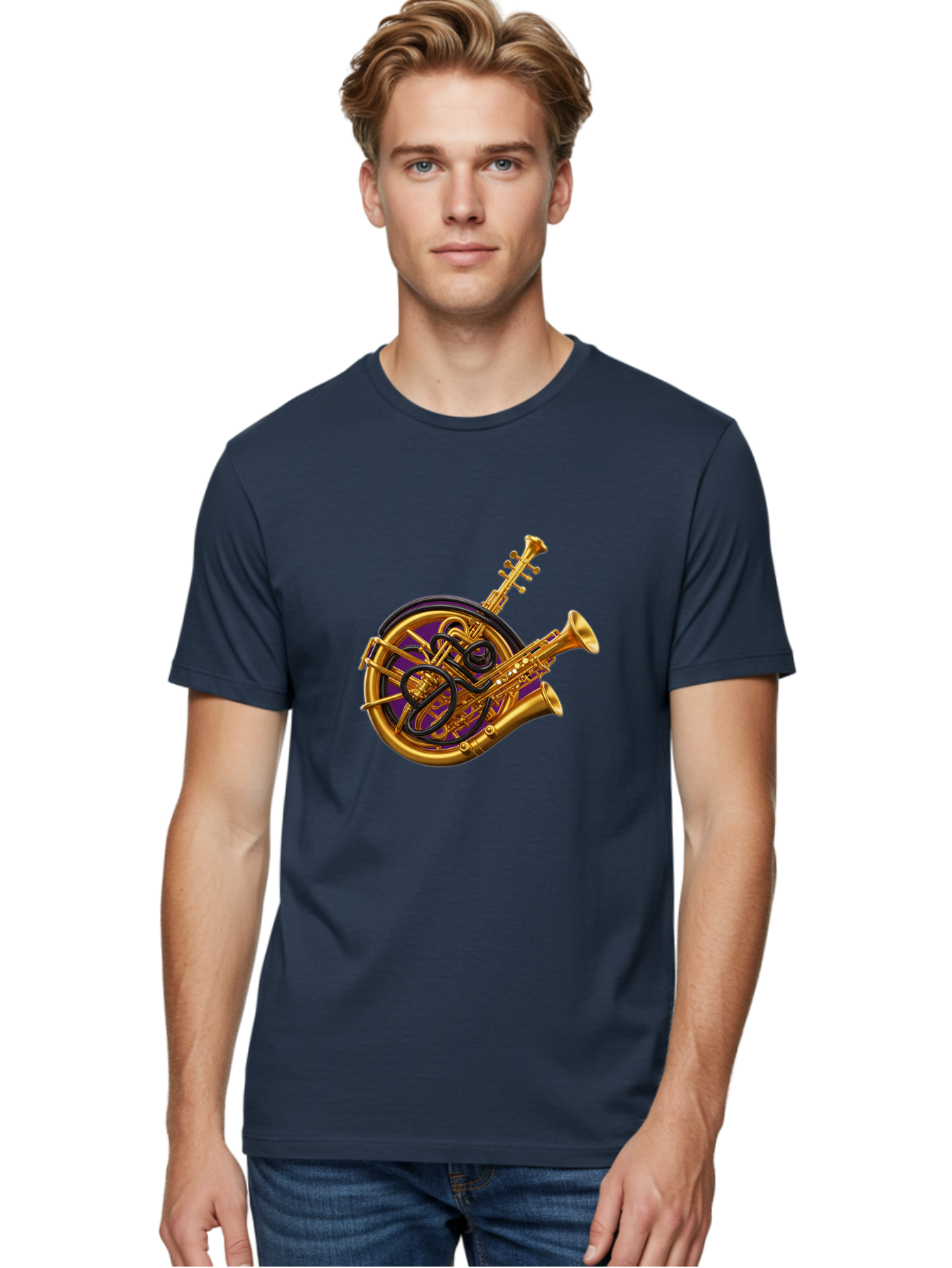 French-Horn-Trumpet-Saxophone Men'S Graphic Tee, 100% Cotton, Comfortable Casual Summer Wear, Machine Washable, Brass Instruments, French Horn, Trumpet, Saxophone, Musical Instruments, Jazz Music, Classical Music, Musical Composition Baa691