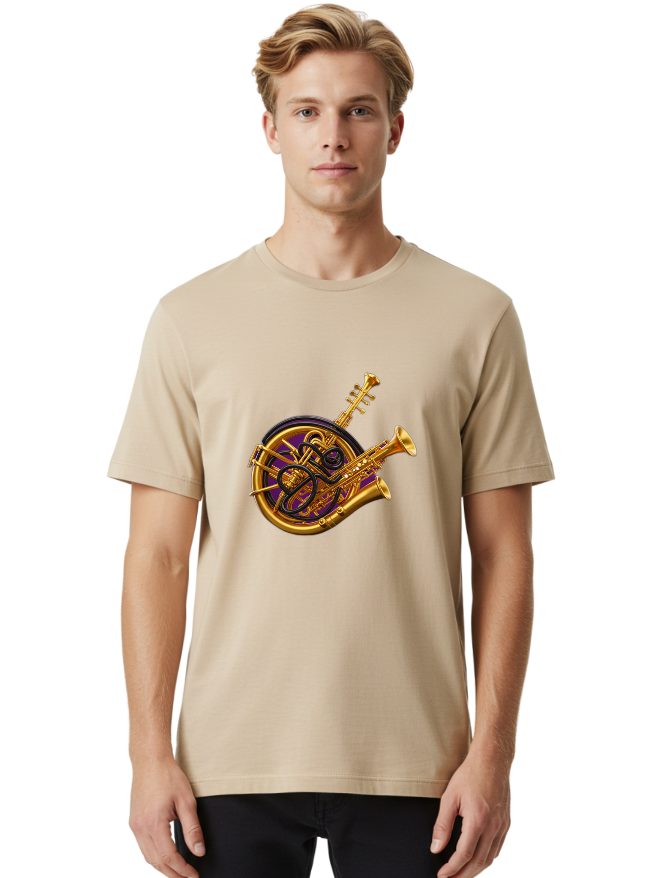 French-Horn-Trumpet-Saxophone Men'S Graphic Tee, 100% Cotton, Comfortable Casual Summer Wear, Machine Washable, Brass Instruments, French Horn, Trumpet, Saxophone, Musical Instruments, Jazz Music, Classical Music, Musical Composition Baa691