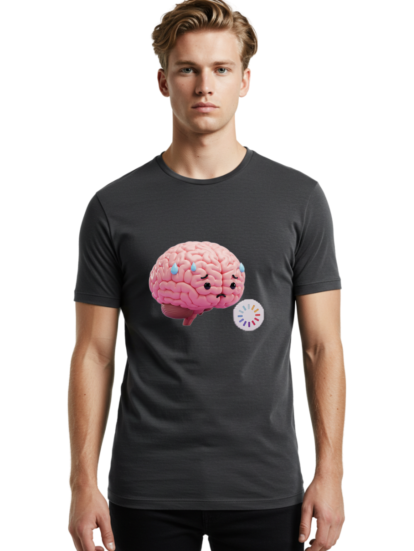 Frowning-Brain Men'S Graphic Tee, 100% Cotton, Comfortable Casual Summer Wear, Machine Washable, Cartoon Brain, Sad Face, Blue Tears, Frowning, Unhappy, Circular Color Palette, Brain Model, Emotional Expression, Human Anatomy Baa692