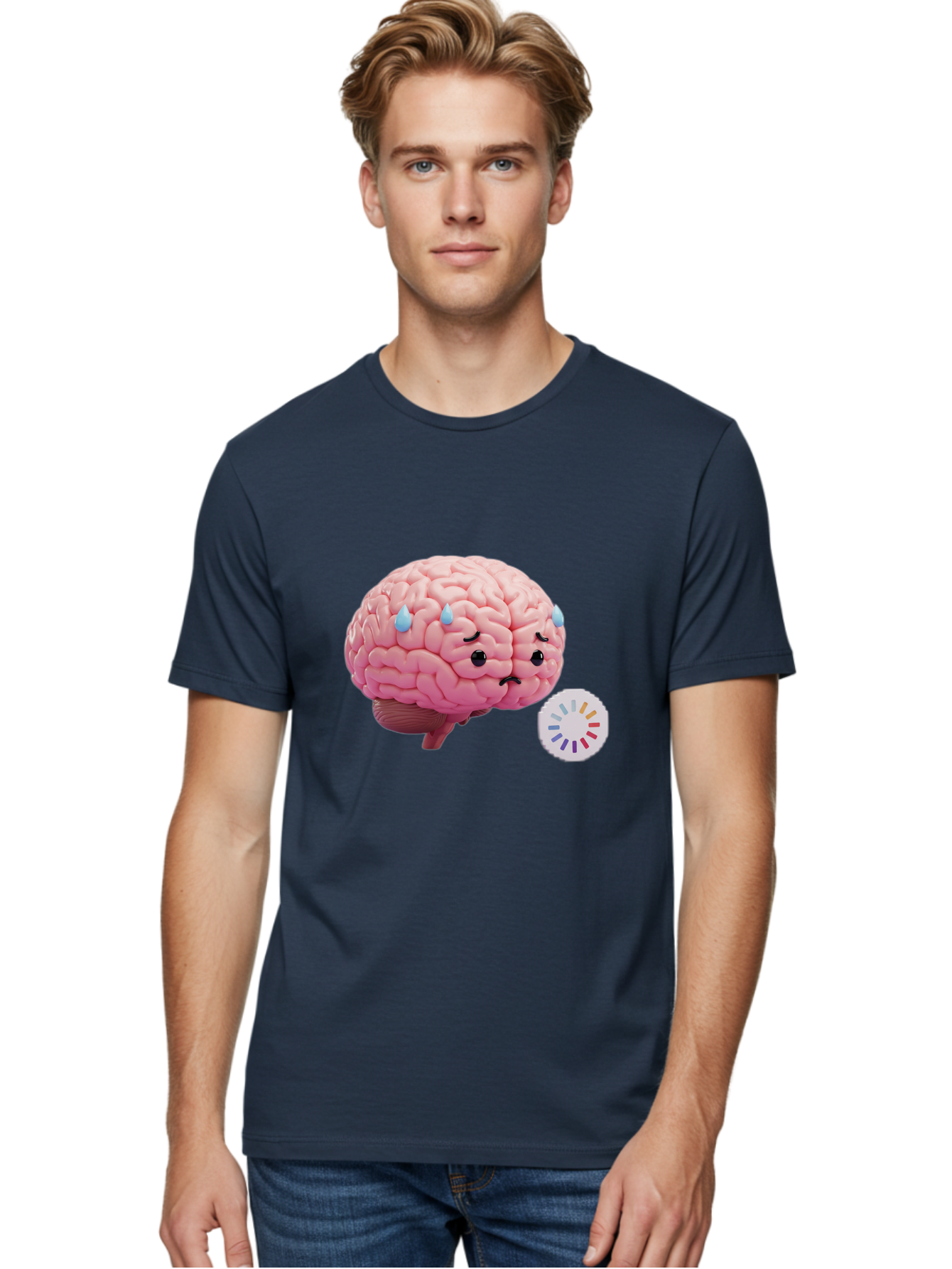 Frowning-Brain Men'S Graphic Tee, 100% Cotton, Comfortable Casual Summer Wear, Machine Washable, Cartoon Brain, Sad Face, Blue Tears, Frowning, Unhappy, Circular Color Palette, Brain Model, Emotional Expression, Human Anatomy Baa692