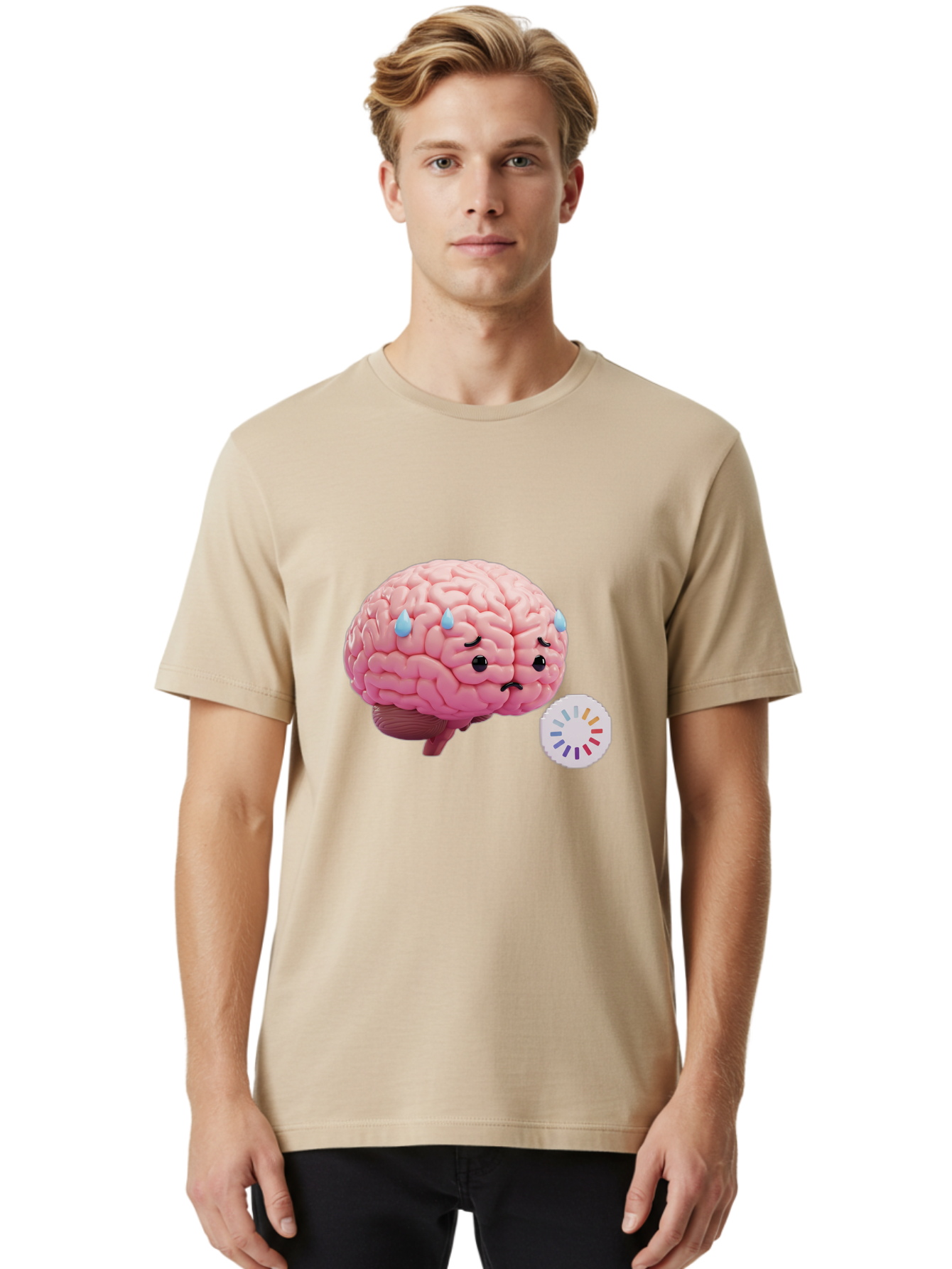 Frowning-Brain Men'S Graphic Tee, 100% Cotton, Comfortable Casual Summer Wear, Machine Washable, Cartoon Brain, Sad Face, Blue Tears, Frowning, Unhappy, Circular Color Palette, Brain Model, Emotional Expression, Human Anatomy Baa692