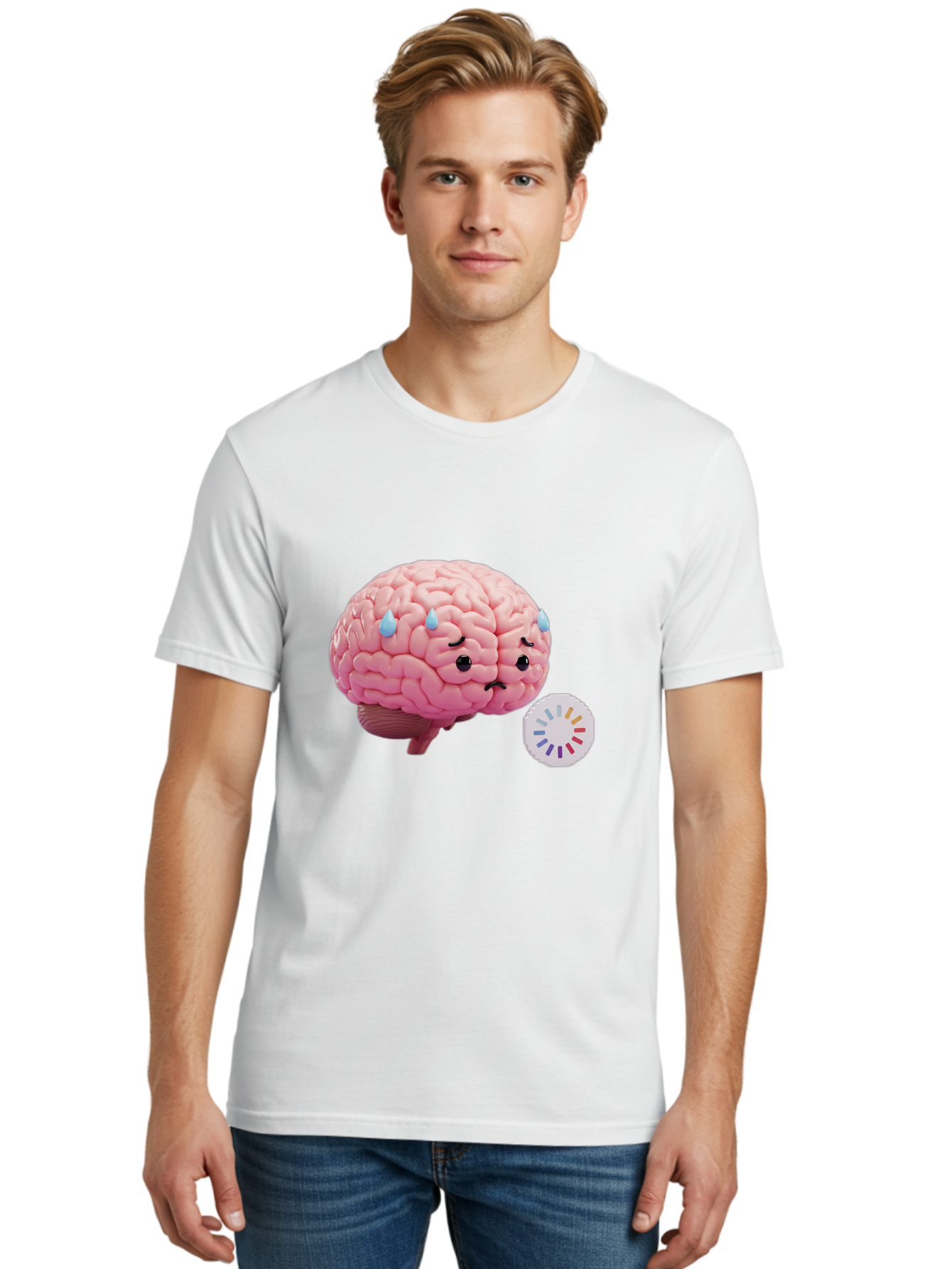 Frowning-Brain Men'S Graphic Tee, 100% Cotton, Comfortable Casual Summer Wear, Machine Washable, Cartoon Brain, Sad Face, Blue Tears, Frowning, Unhappy, Circular Color Palette, Brain Model, Emotional Expression, Human Anatomy Baa692