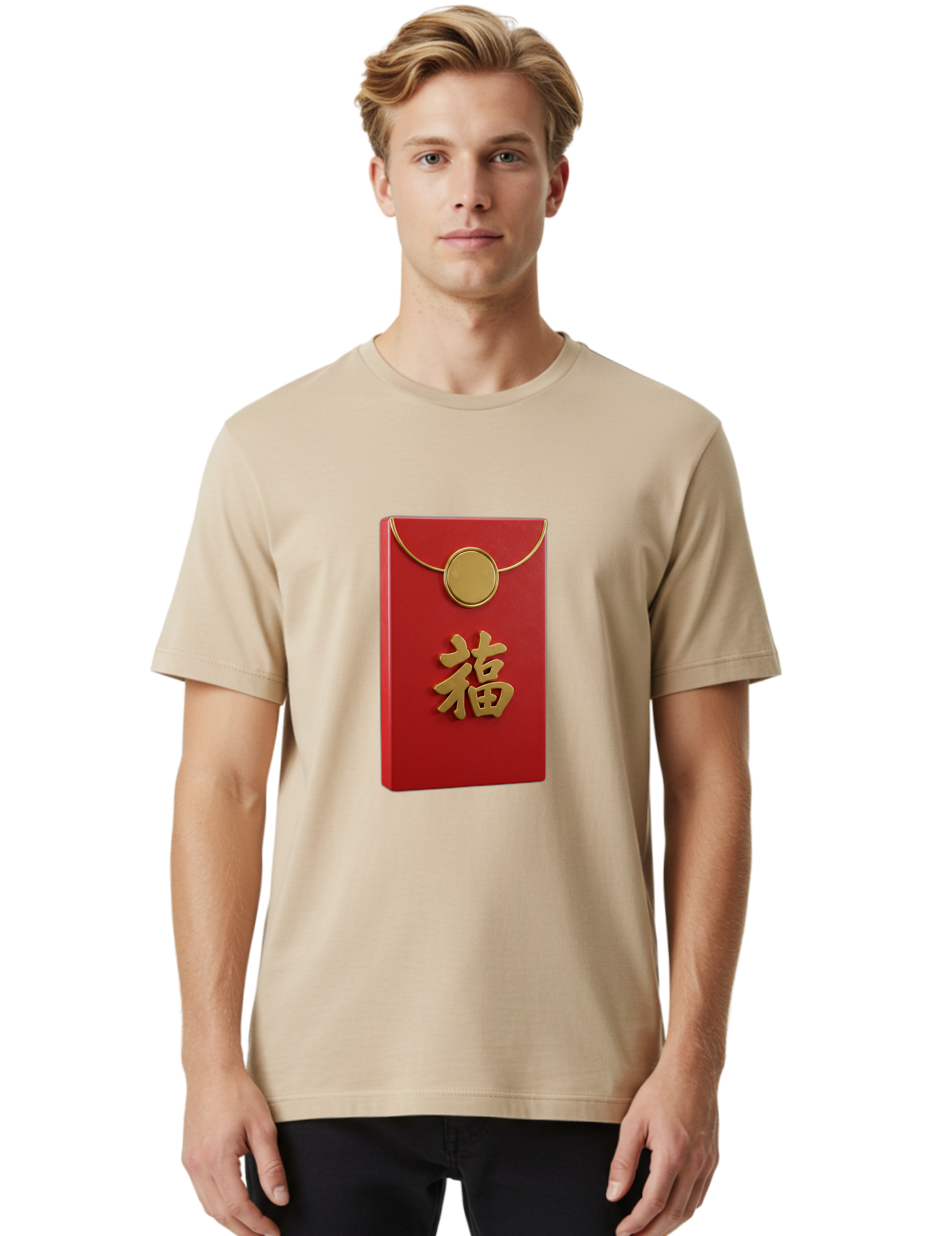 Fu-1 Men'S Graphic Tee, 100% Cotton, Comfortable Casual Summer Wear, Machine Washable, Red Envelope With Gold Seal, Gold Character Fu, Chinese New Year, Lucky Money, Prosperity Symbol, Cultural Heritage, Traditional Gift Baa693