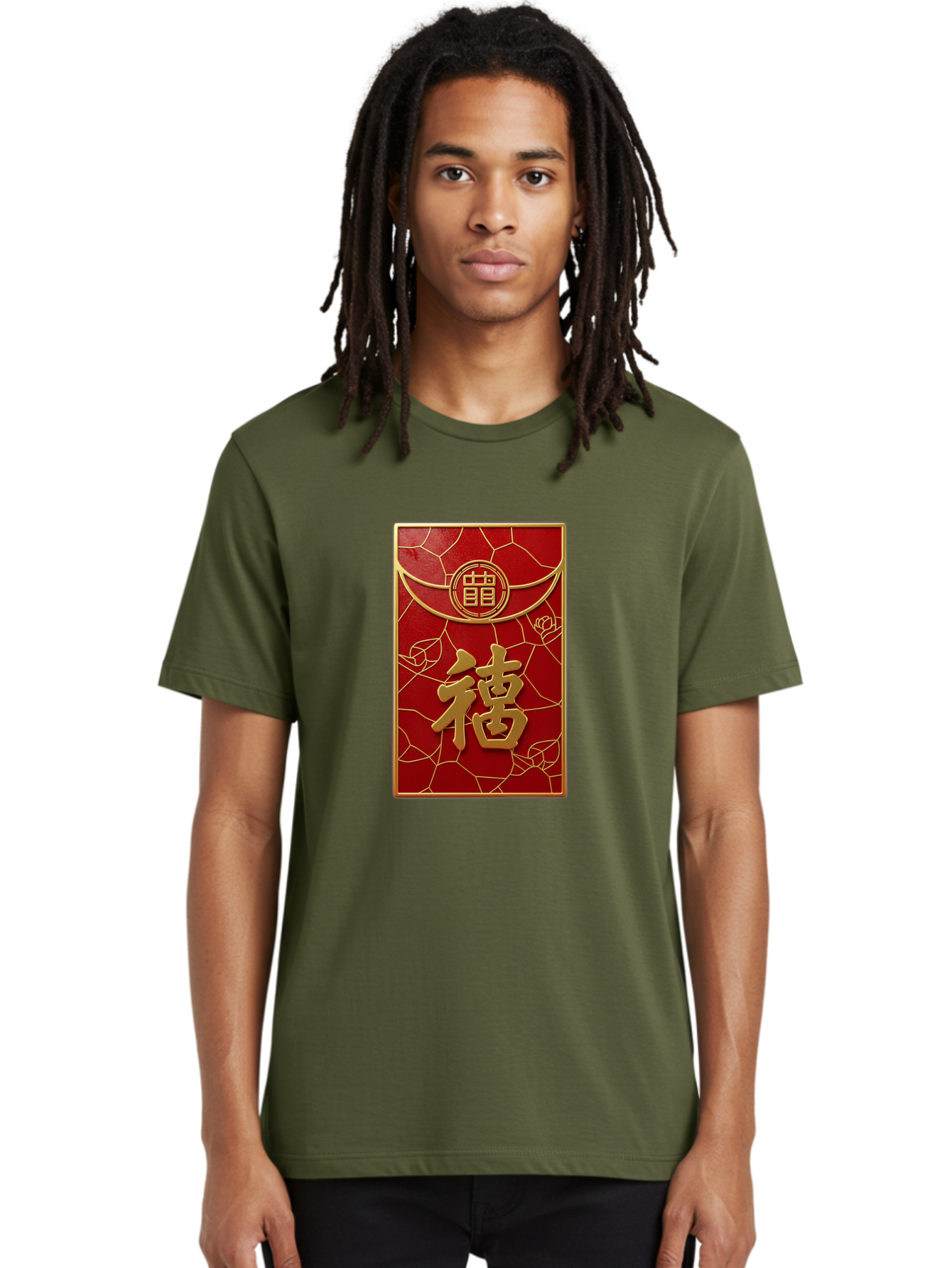 Fu-2 Men'S Graphic Tee, 100% Cotton, Comfortable Casual Summer Wear, Machine Washable, Red Envelope, Gold Chinese Characters, Chinese New Year, Prosperity Symbol, Lucky Money, Cultural Heritage, Traditional Gift, Fu Character, Elegant Design, Baa694