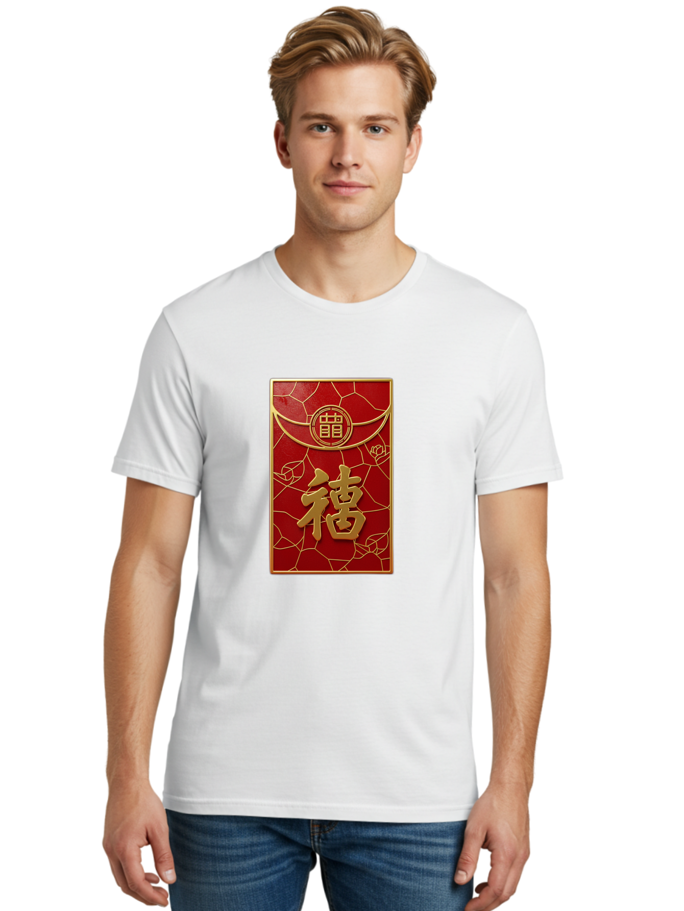 Fu-2 Men'S Graphic Tee, 100% Cotton, Comfortable Casual Summer Wear, Machine Washable, Red Envelope, Gold Chinese Characters, Chinese New Year, Prosperity Symbol, Lucky Money, Cultural Heritage, Traditional Gift, Fu Character, Elegant Design, Baa694