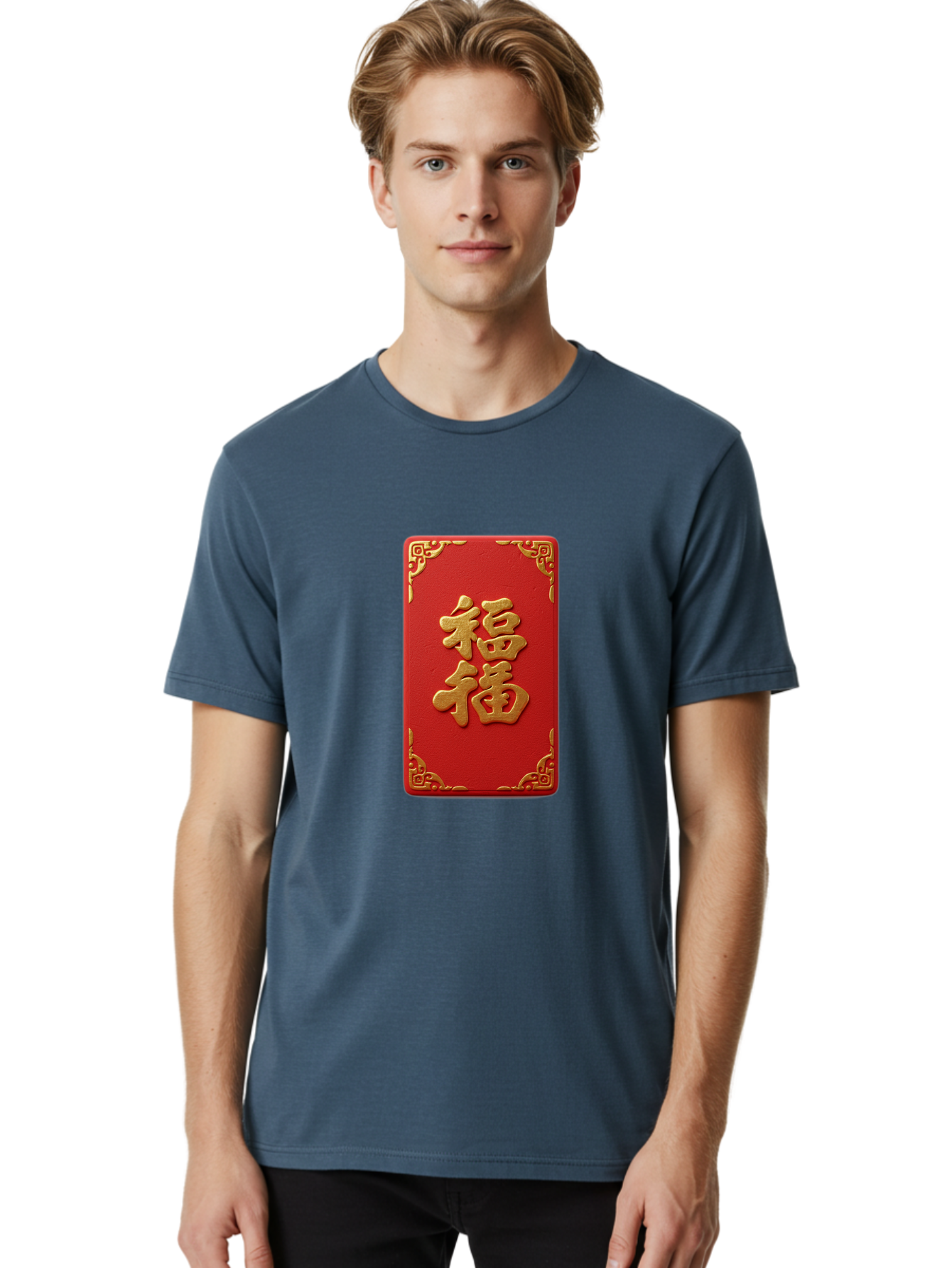 Fu-3 Men'S Graphic Tee, 100% Cotton, Comfortable Casual Summer Wear, Machine Washable, Red Envelope, Gold Trim, Chinese New Year, Good Fortune, Prosperity, Luck, Traditional Culture, Chinese Character Baa695