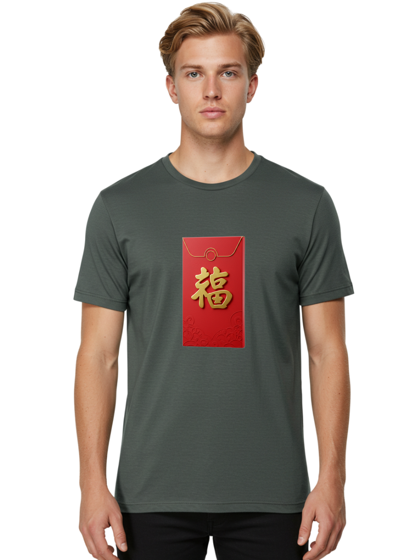 Fu-4 Men'S Graphic Tee, 100% Cotton, Comfortable Casual Summer Wear, Machine Washable, Red Envelope, Gold Character, Chinese New Year, Lucky Money, Prosperity Symbol, Cultural Tradition, Festive Gift, Auspicious Charm Baa696