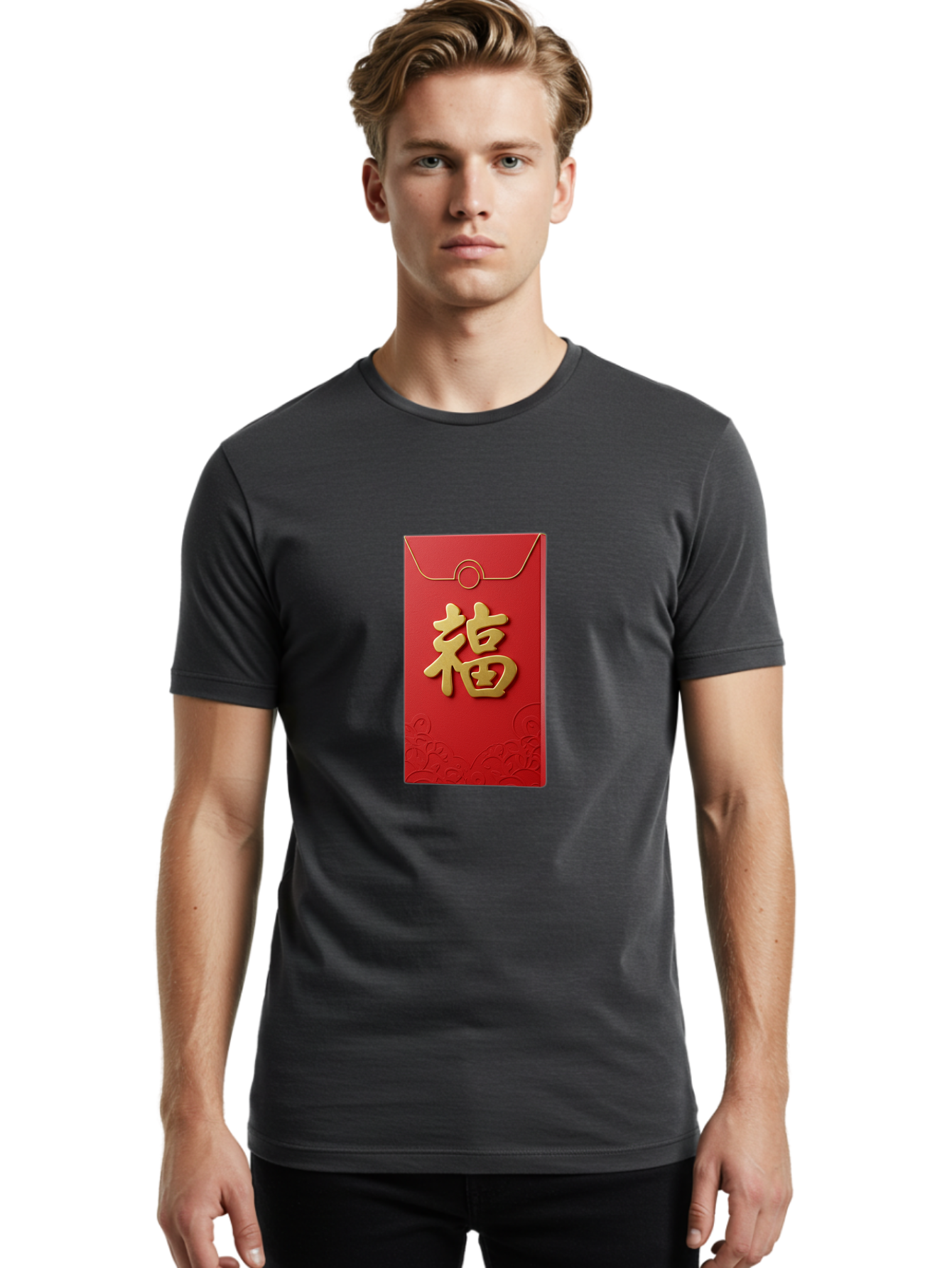Fu-4 Men'S Graphic Tee, 100% Cotton, Comfortable Casual Summer Wear, Machine Washable, Red Envelope, Gold Character, Chinese New Year, Lucky Money, Prosperity Symbol, Cultural Tradition, Festive Gift, Auspicious Charm Baa696