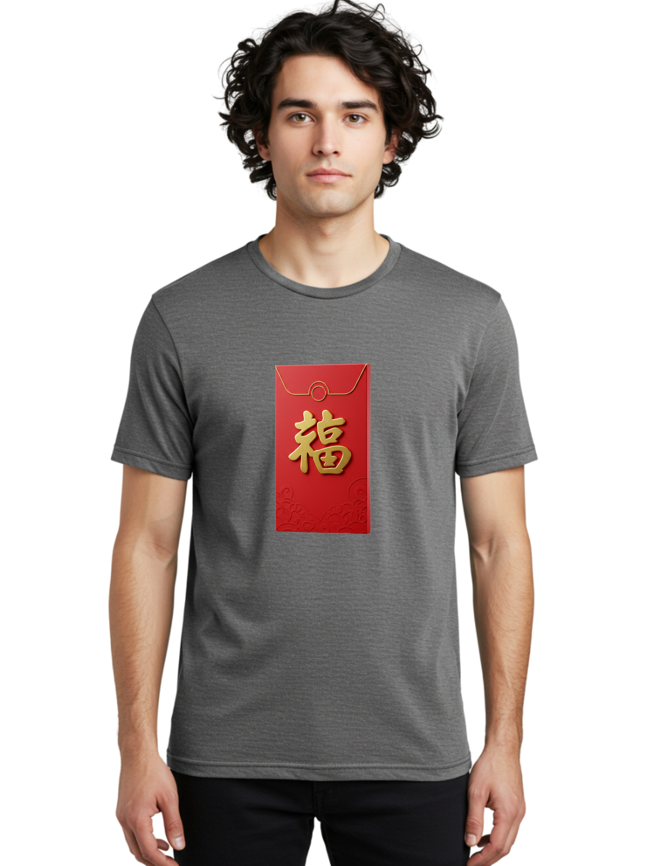 Fu-4 Men'S Graphic Tee, 100% Cotton, Comfortable Casual Summer Wear, Machine Washable, Red Envelope, Gold Character, Chinese New Year, Lucky Money, Prosperity Symbol, Cultural Tradition, Festive Gift, Auspicious Charm Baa696