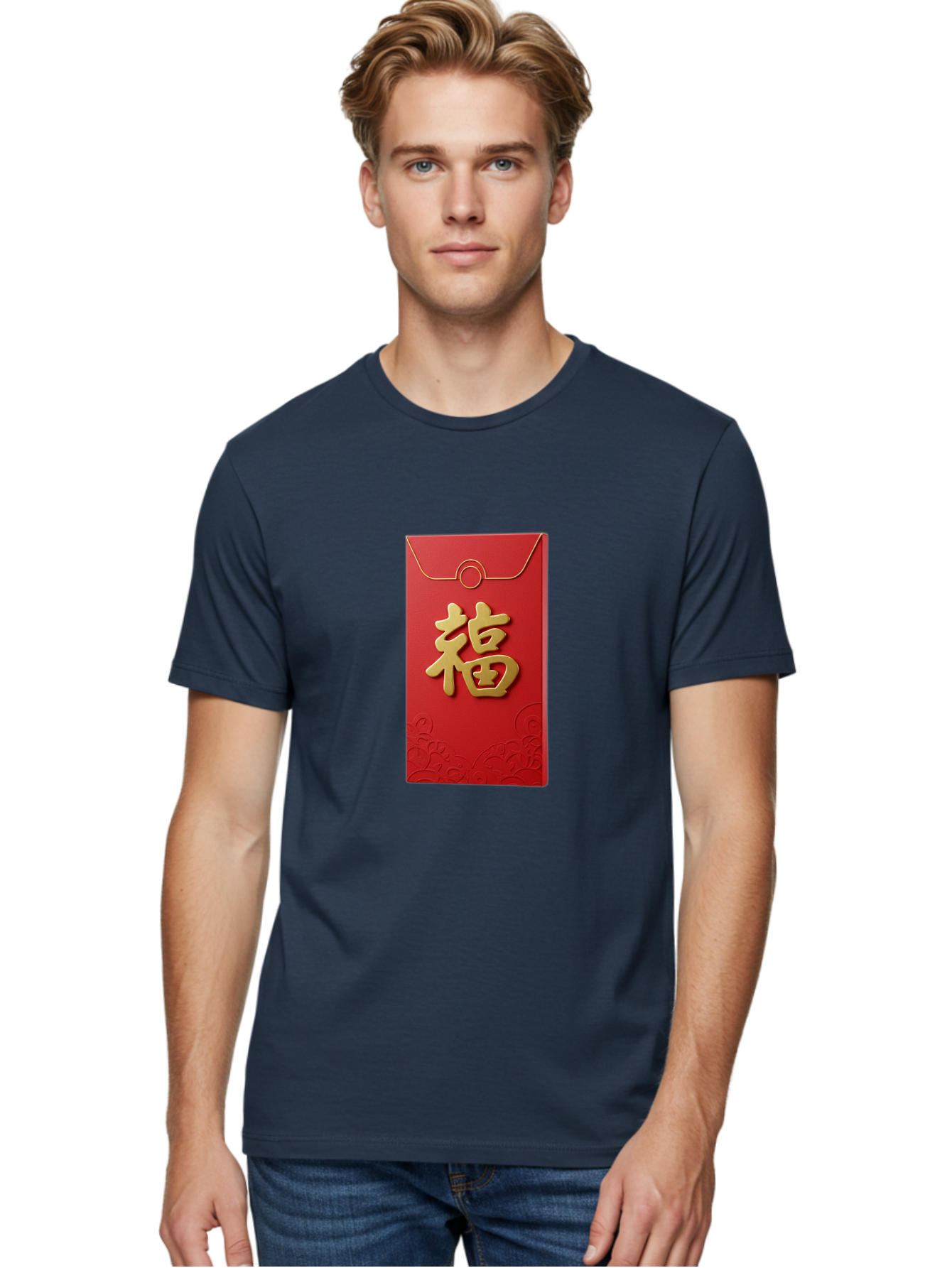 Fu-4 Men'S Graphic Tee, 100% Cotton, Comfortable Casual Summer Wear, Machine Washable, Red Envelope, Gold Character, Chinese New Year, Lucky Money, Prosperity Symbol, Cultural Tradition, Festive Gift, Auspicious Charm Baa696