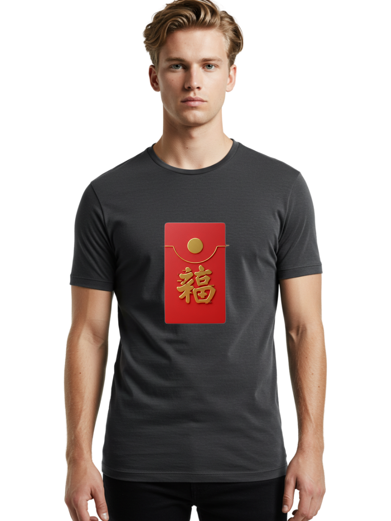 Fu-5 Men'S Graphic Tee, 100% Cotton, Comfortable Casual Summer Wear, Machine Washable, Red Envelope With Gold Seal, Chinese New Year, Prosperity Symbol, Good Fortune, Lucky Money, Cultural Tradition, Festive Gift Baa697