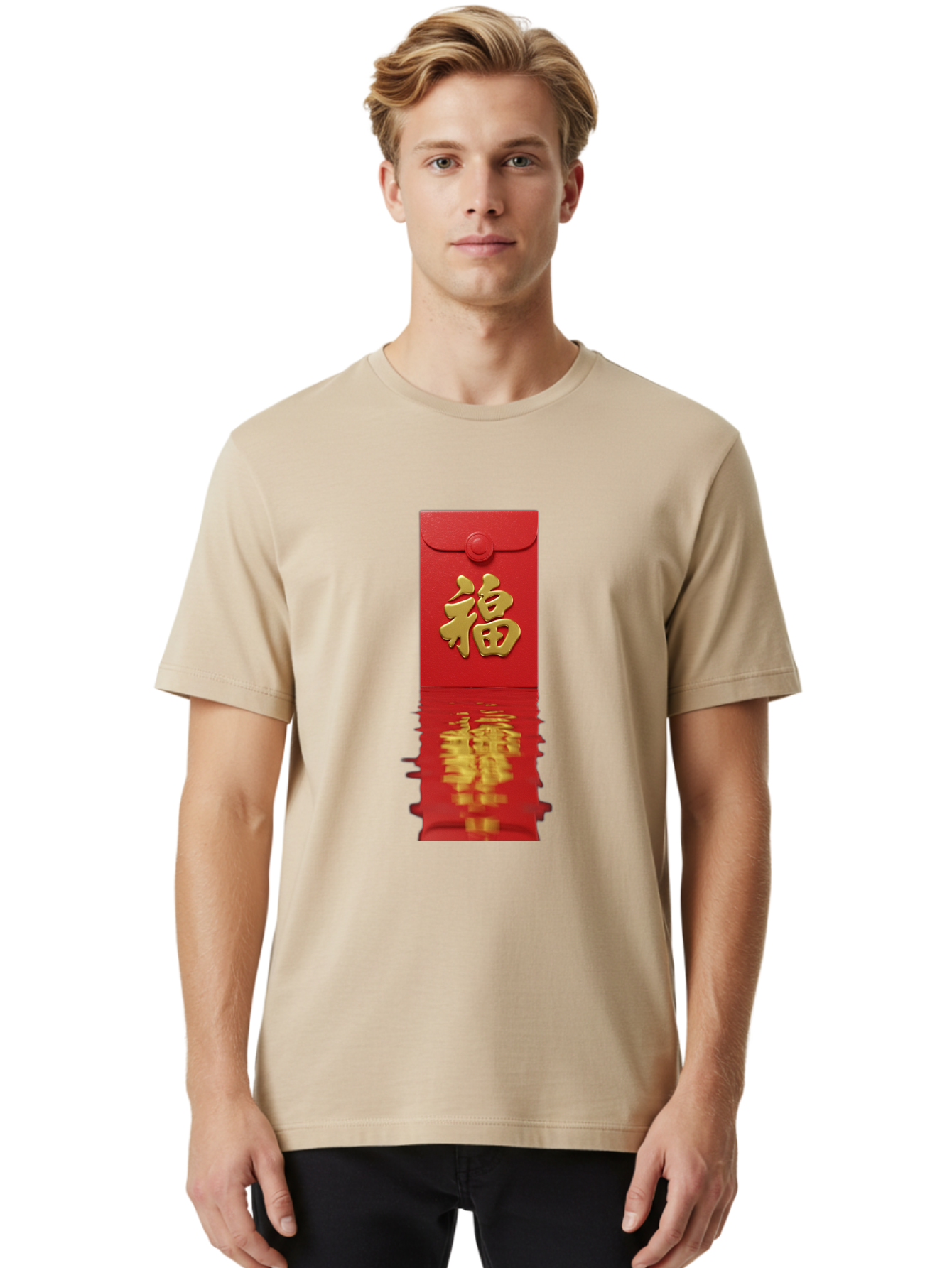 Fu-6 Men'S Graphic Tee, 100% Cotton, Comfortable Casual Summer Wear, Machine Washable, Red Envelope, Chinese New Year, Gold Character, Fu Symbol, Prosperity, Good Fortune, Lucky Money, Cultural Heritage, Traditional Gift Baa698