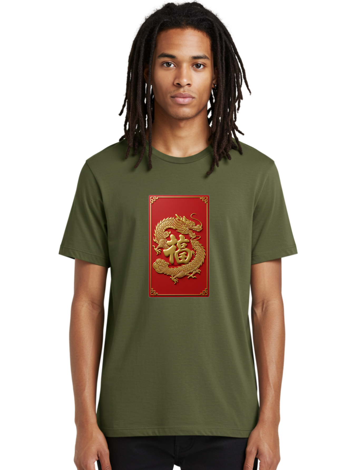 Fu-Dragon Men'S Graphic Tee, 100% Cotton, Comfortable Casual Summer Wear, Machine Washable, Golden Dragon, Chinese Character, Red Envelope, Good Fortune, Prosperity, Chinese New Year, Dragon Symbol, Auspicious Design Baa699