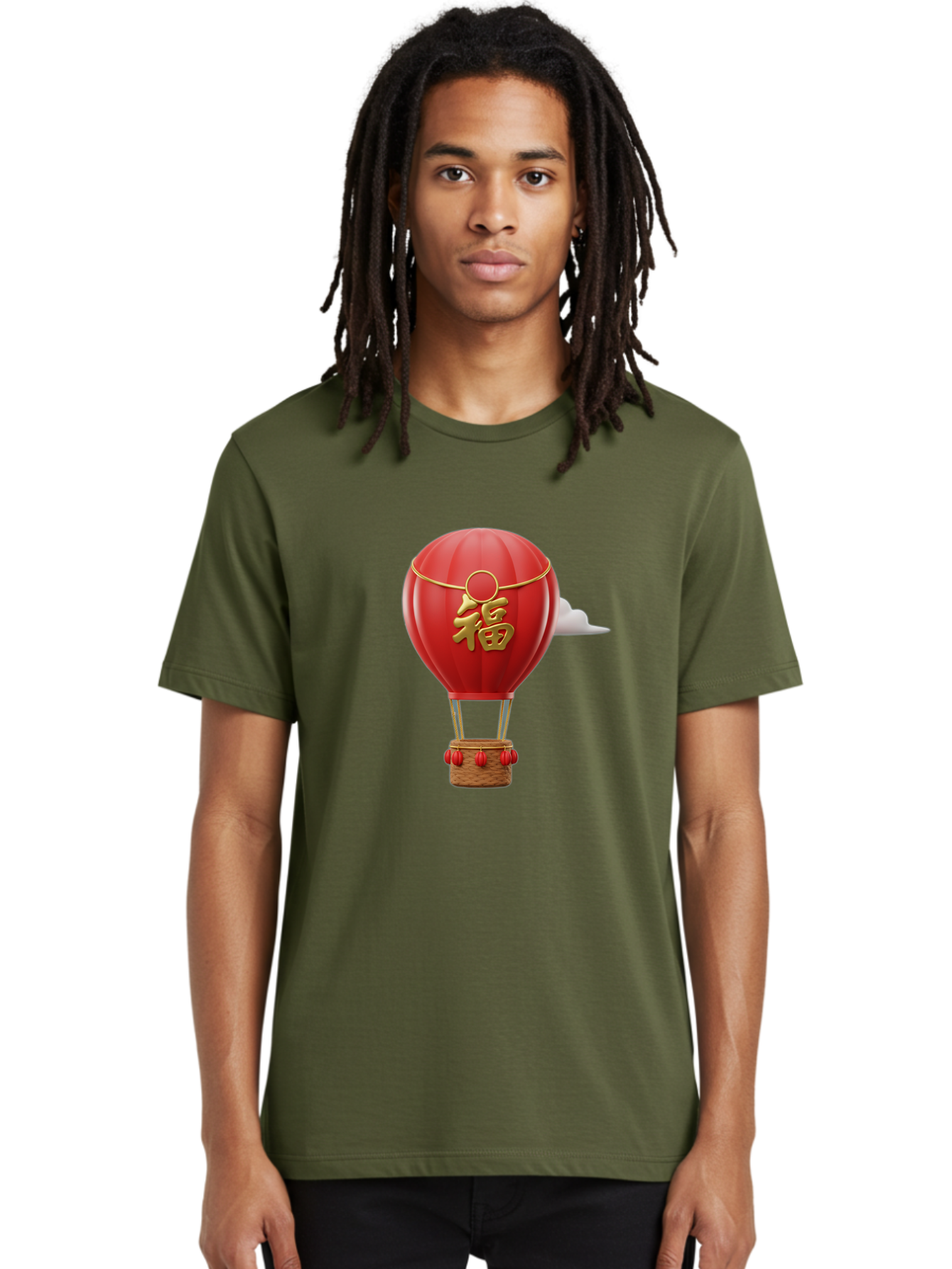 Fu-Hot-Air-Balloon Men'S Graphic Tee, 100% Cotton, Comfortable Casual Summer Wear, Machine Washable, Hot Air Balloon, Red Balloon, Chinese Character, Golden Fu, Good Fortune, Prosperity, Chinese Culture, Festive Decoration, Celebratory Symbol Baa700