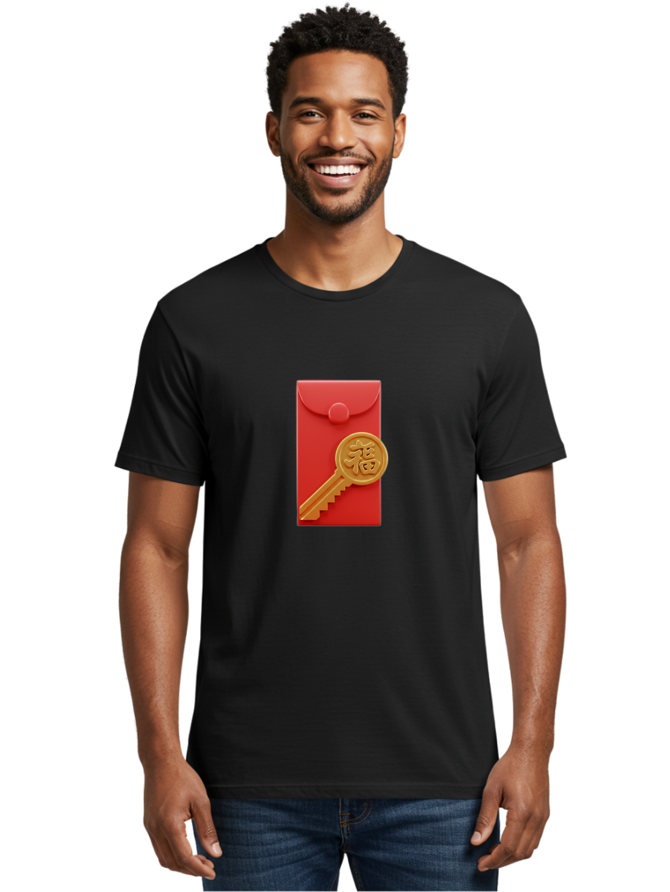 Fu-Key-Envelope Men'S Graphic Tee, 100% Cotton, Comfortable Casual Summer Wear, Machine Washable, Red Envelope, Gold Key, Chinese Character, Fu Symbol, Prosperity, Good Fortune, Luck, Chinese New Year, Gift Baa701