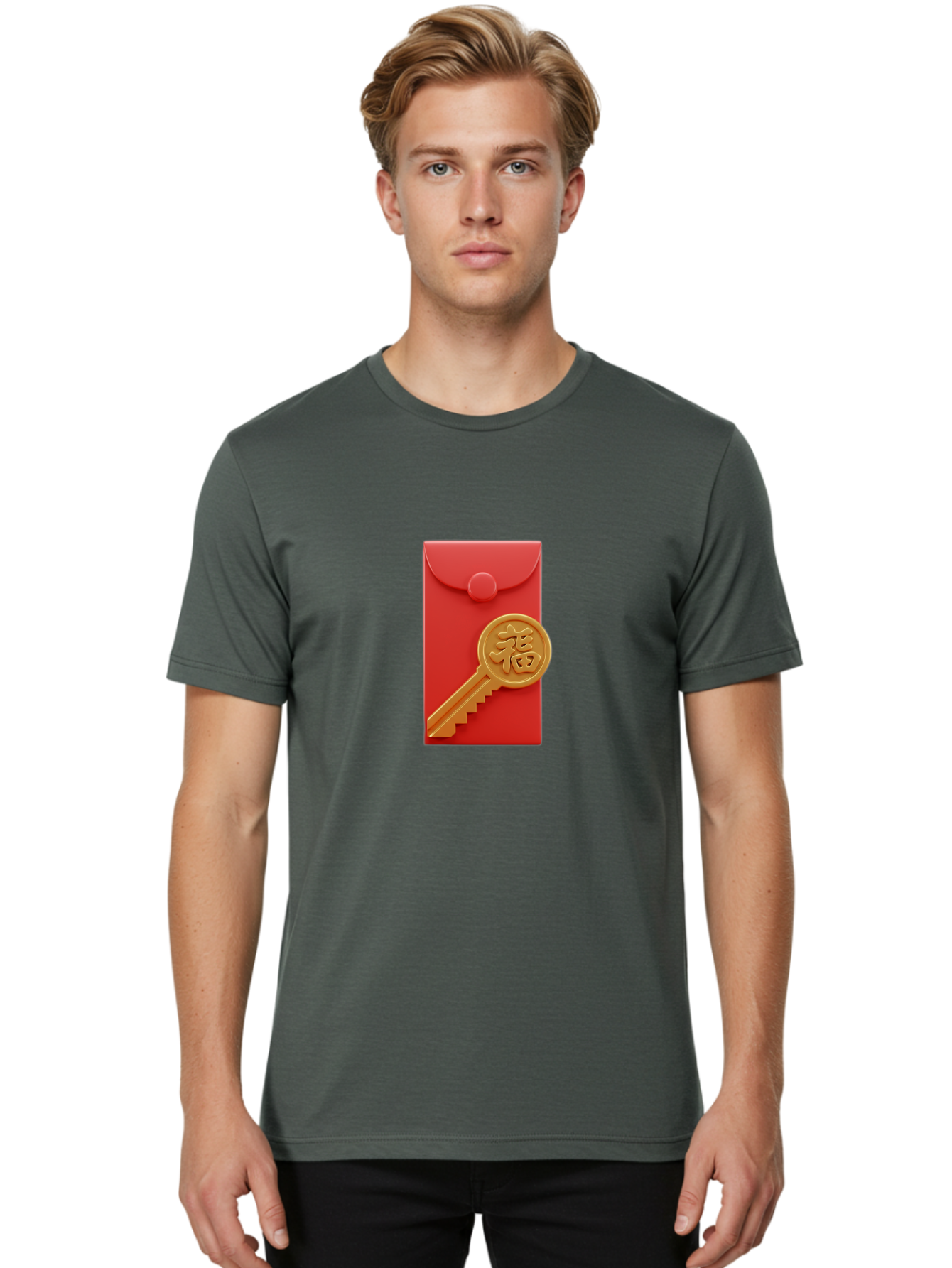 Fu-Key-Envelope Men'S Graphic Tee, 100% Cotton, Comfortable Casual Summer Wear, Machine Washable, Red Envelope, Gold Key, Chinese Character, Fu Symbol, Prosperity, Good Fortune, Luck, Chinese New Year, Gift Baa701