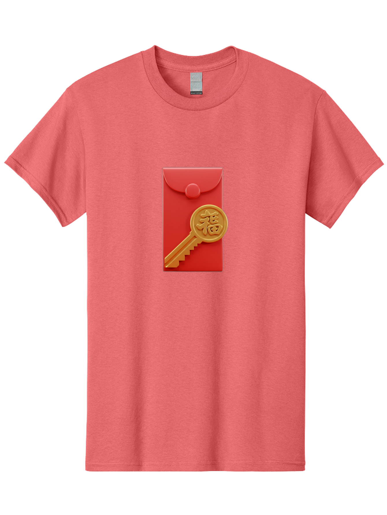Fu-Key-Envelope Men'S Graphic Tee, 100% Cotton, Comfortable Casual Summer Wear, Machine Washable, Red Envelope, Gold Key, Chinese Character, Fu Symbol, Prosperity, Good Fortune, Luck, Chinese New Year, Gift Baa701