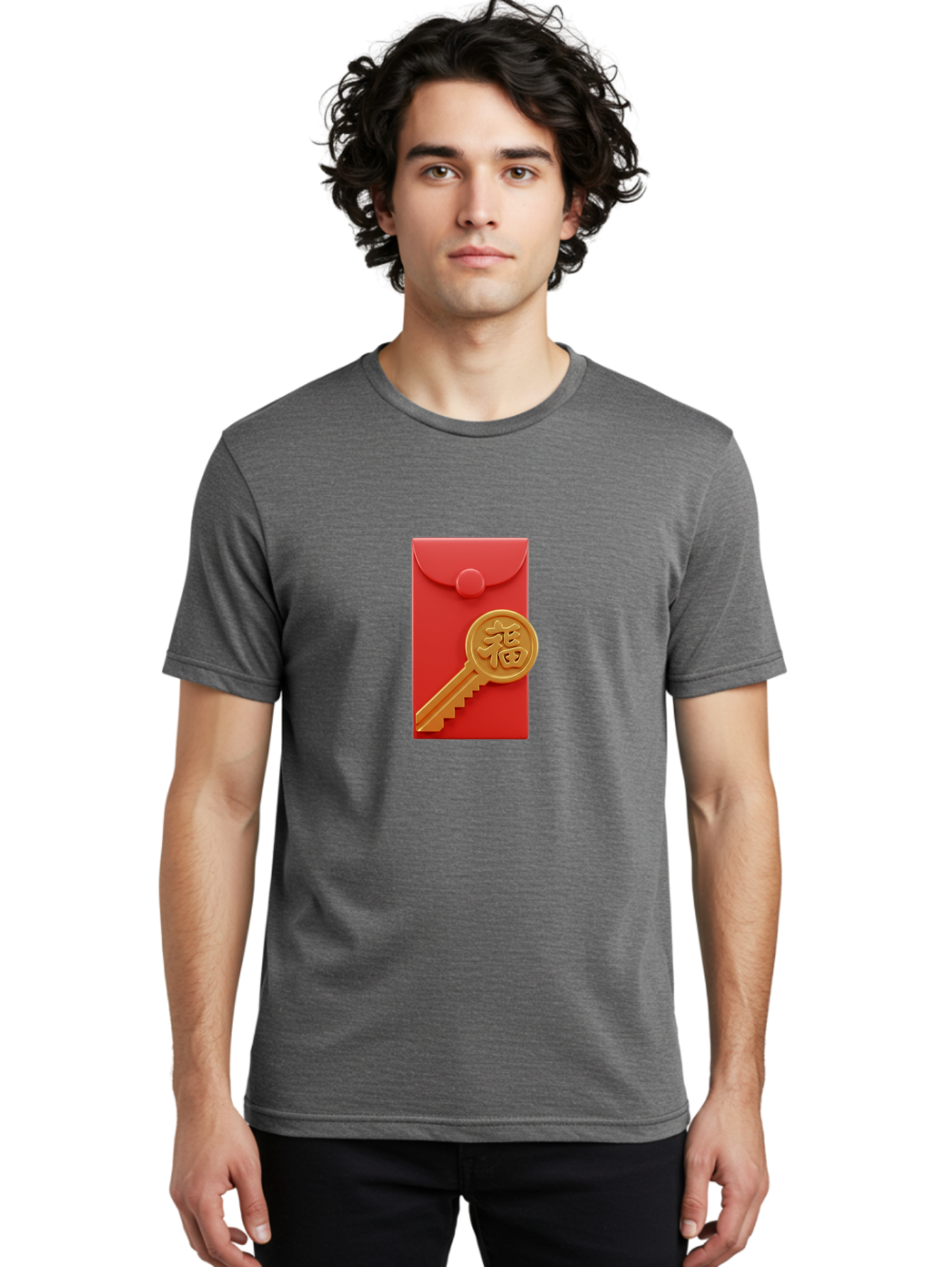 Fu-Key-Envelope Men'S Graphic Tee, 100% Cotton, Comfortable Casual Summer Wear, Machine Washable, Red Envelope, Gold Key, Chinese Character, Fu Symbol, Prosperity, Good Fortune, Luck, Chinese New Year, Gift Baa701