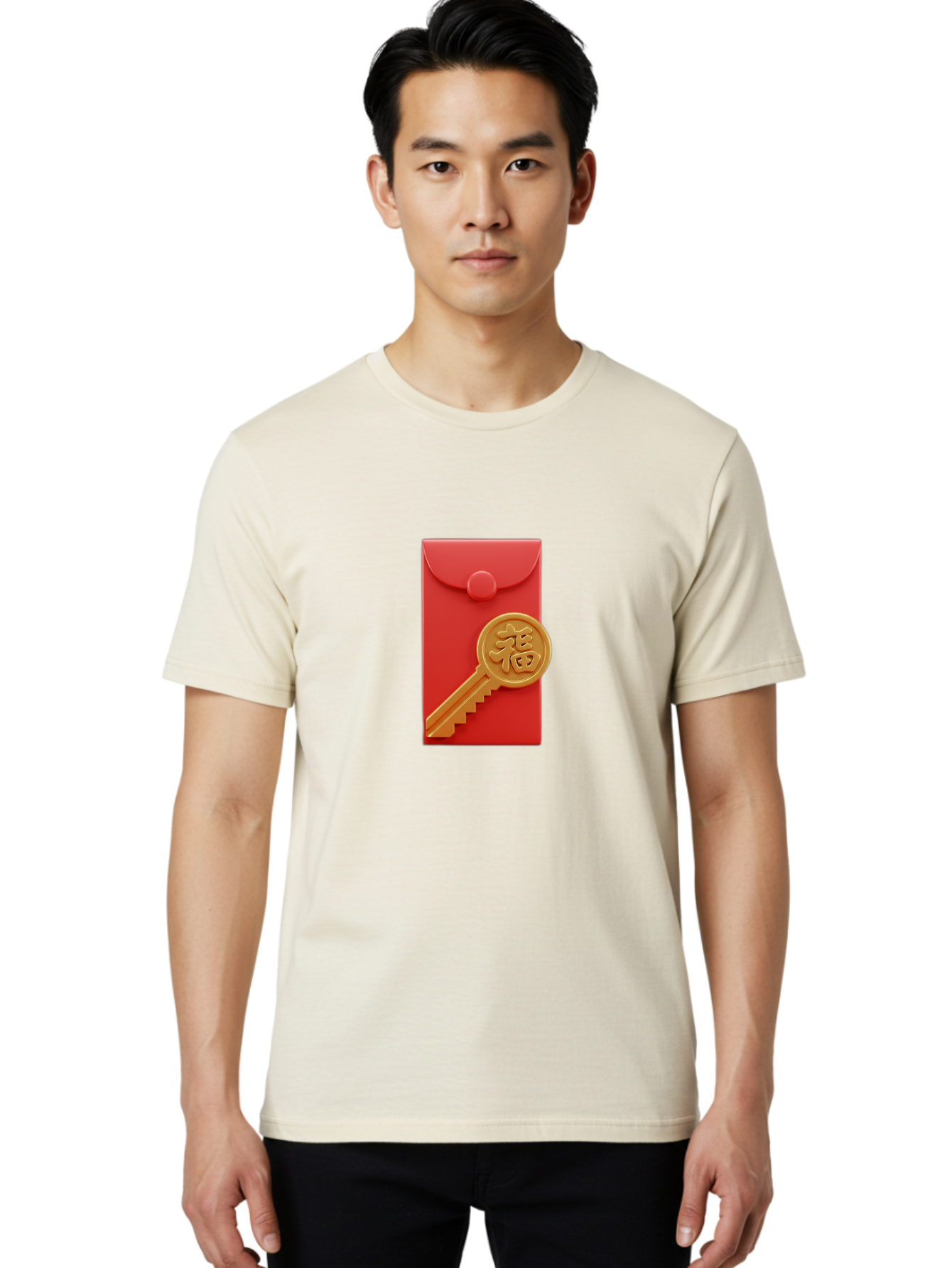 Fu-Key-Envelope Men'S Graphic Tee, 100% Cotton, Comfortable Casual Summer Wear, Machine Washable, Red Envelope, Gold Key, Chinese Character, Fu Symbol, Prosperity, Good Fortune, Luck, Chinese New Year, Gift Baa701
