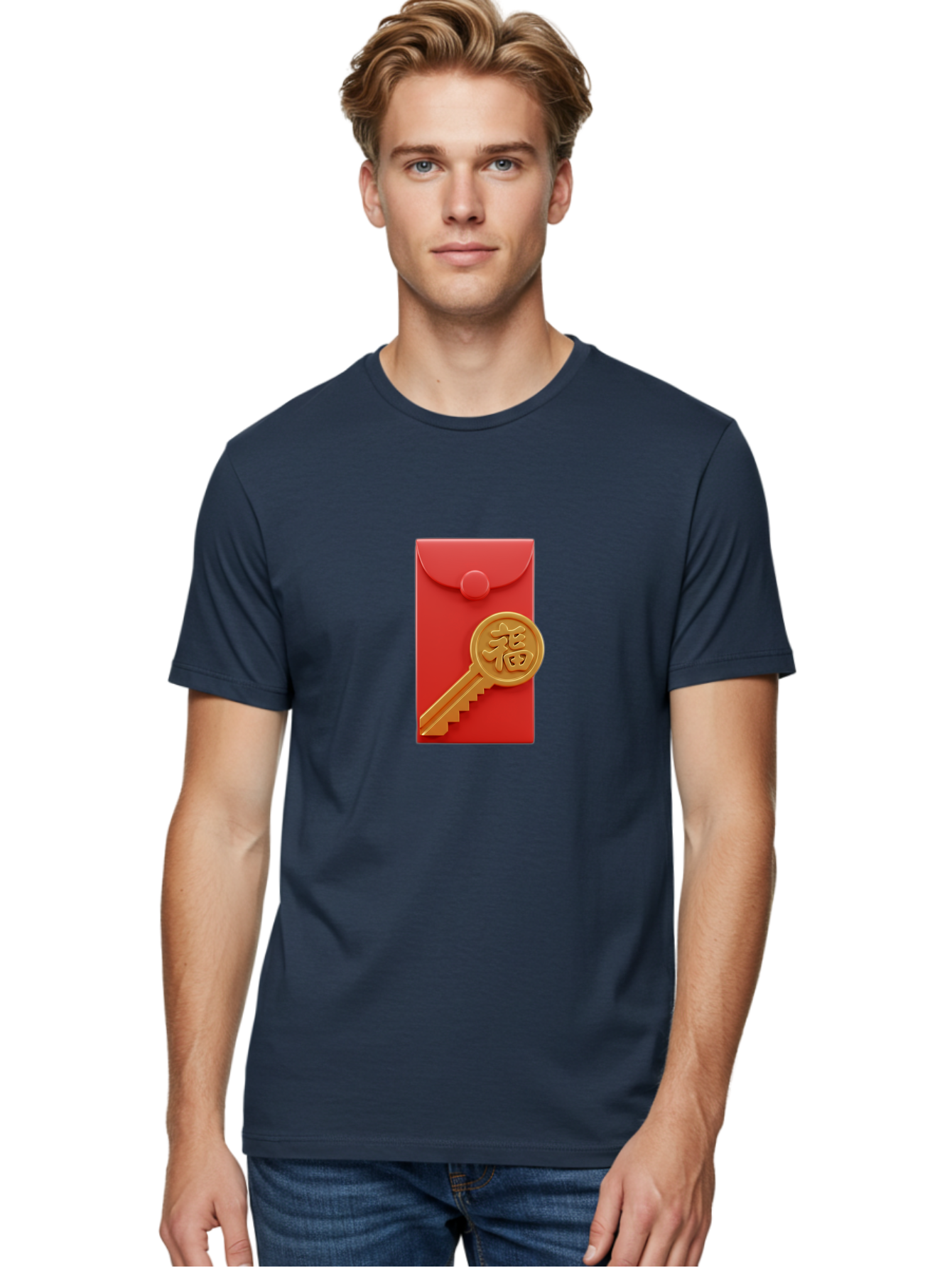 Fu-Key-Envelope Men'S Graphic Tee, 100% Cotton, Comfortable Casual Summer Wear, Machine Washable, Red Envelope, Gold Key, Chinese Character, Fu Symbol, Prosperity, Good Fortune, Luck, Chinese New Year, Gift Baa701