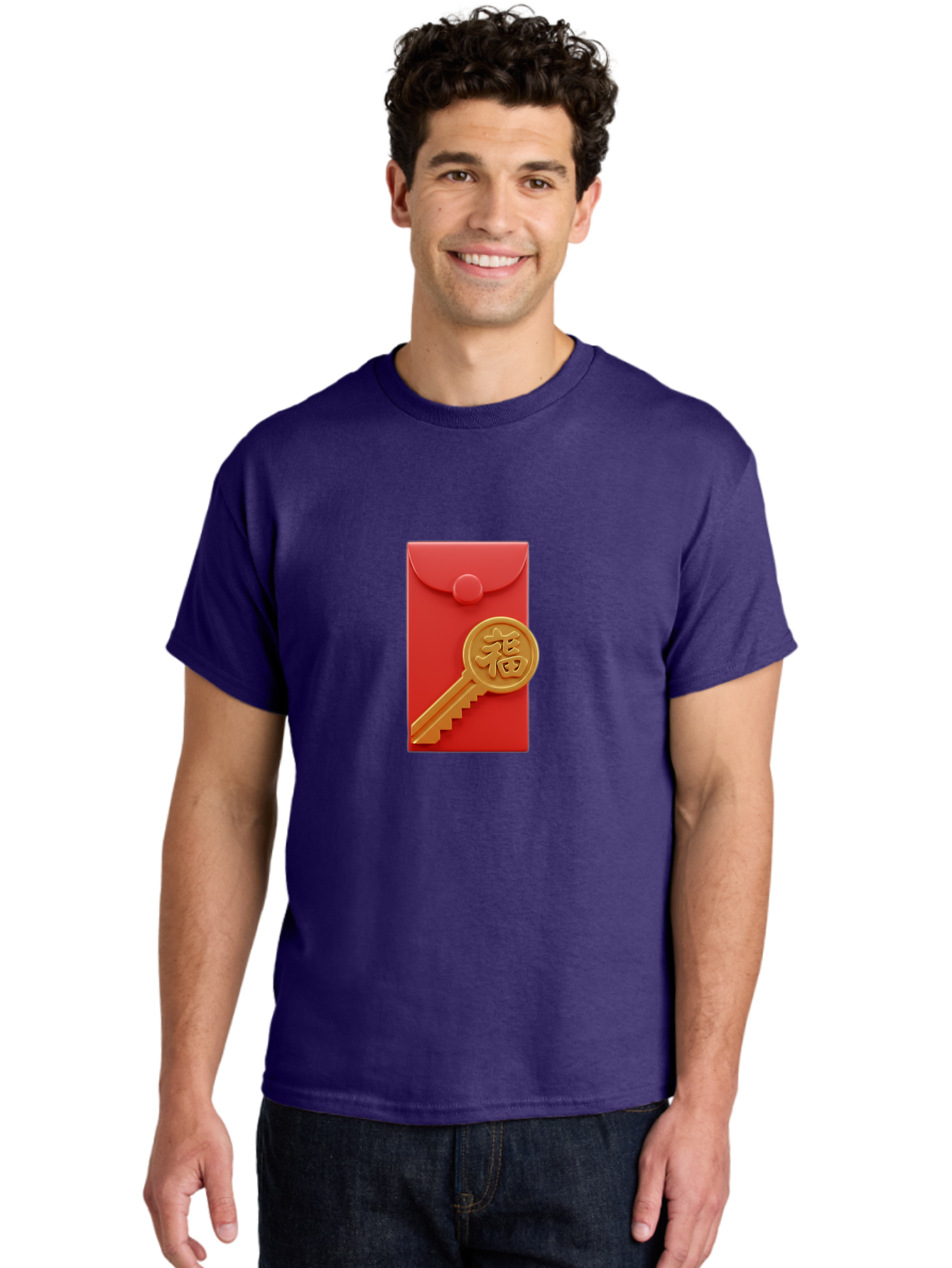 Fu-Key-Envelope Men'S Graphic Tee, 100% Cotton, Comfortable Casual Summer Wear, Machine Washable, Red Envelope, Gold Key, Chinese Character, Fu Symbol, Prosperity, Good Fortune, Luck, Chinese New Year, Gift Baa701