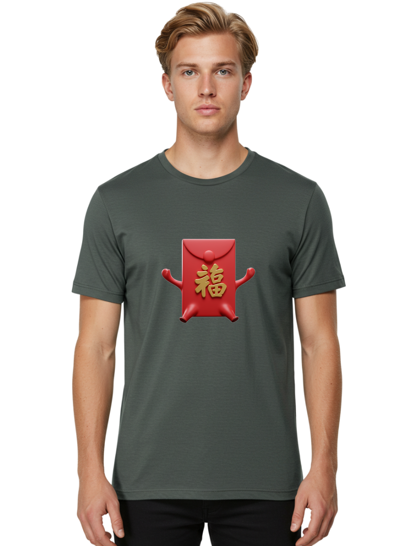 Fu-Lu Men'S Graphic Tee, 100% Cotton, Comfortable Casual Summer Wear, Machine Washable, Red Envelope Character, Chinese New Year, Hongbao Design, Playful Animation, Gold Chinese Characters, Cultural Symbol, Festive Greeting, Lucky Money Baa702