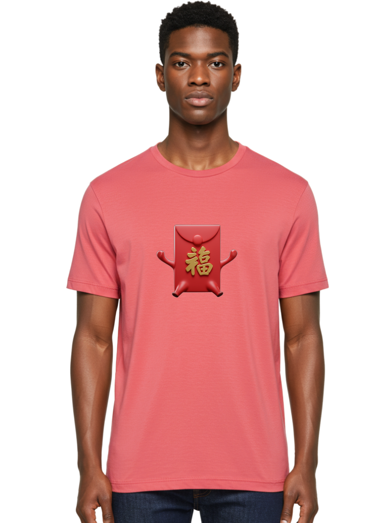 Fu-Lu Men'S Graphic Tee, 100% Cotton, Comfortable Casual Summer Wear, Machine Washable, Red Envelope Character, Chinese New Year, Hongbao Design, Playful Animation, Gold Chinese Characters, Cultural Symbol, Festive Greeting, Lucky Money Baa702