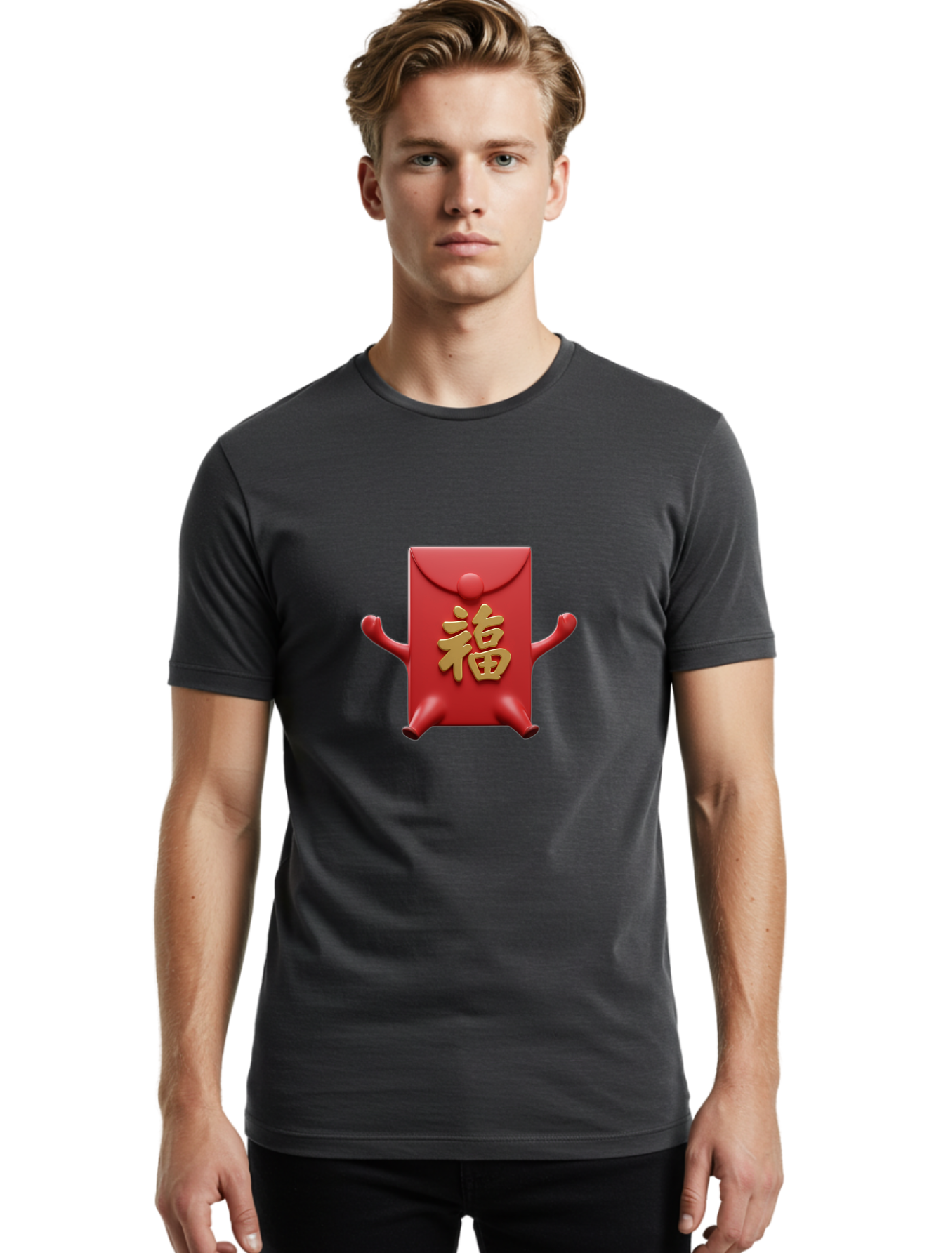 Fu-Lu Men'S Graphic Tee, 100% Cotton, Comfortable Casual Summer Wear, Machine Washable, Red Envelope Character, Chinese New Year, Hongbao Design, Playful Animation, Gold Chinese Characters, Cultural Symbol, Festive Greeting, Lucky Money Baa702