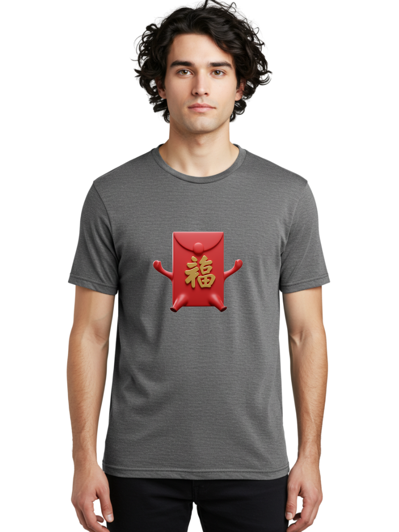 Fu-Lu Men'S Graphic Tee, 100% Cotton, Comfortable Casual Summer Wear, Machine Washable, Red Envelope Character, Chinese New Year, Hongbao Design, Playful Animation, Gold Chinese Characters, Cultural Symbol, Festive Greeting, Lucky Money Baa702