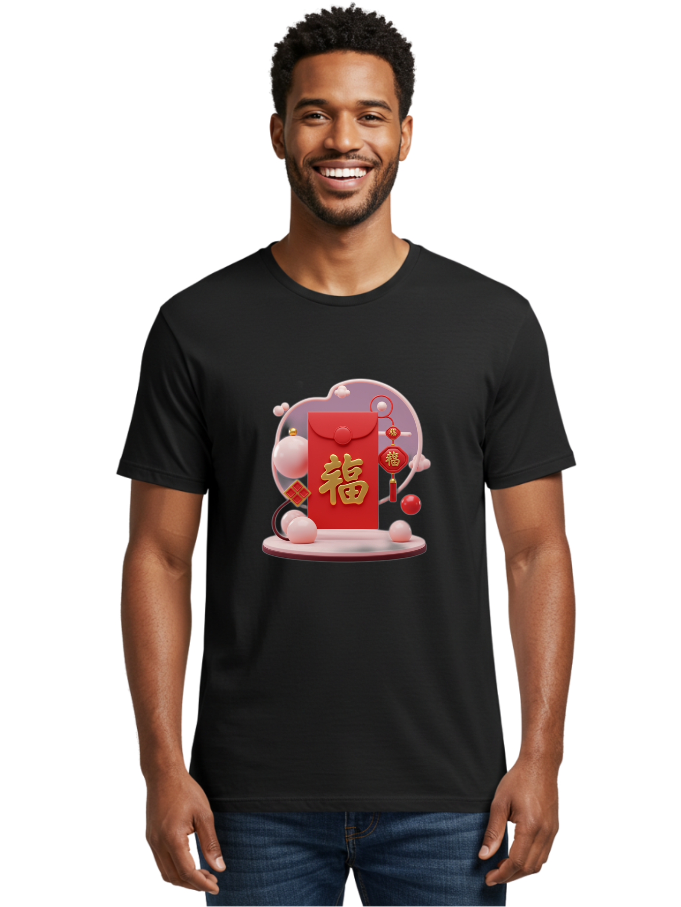 Fu-Red-Envelope Men'S Graphic Tee, 100% Cotton, Comfortable Casual Summer Wear, Machine Washable, Red Envelope, Chinese New Year, Fu Character, Gold Symbol, Traditional Decoration, Cultural Heritage, Prosperity, Good Fortune, Baa704